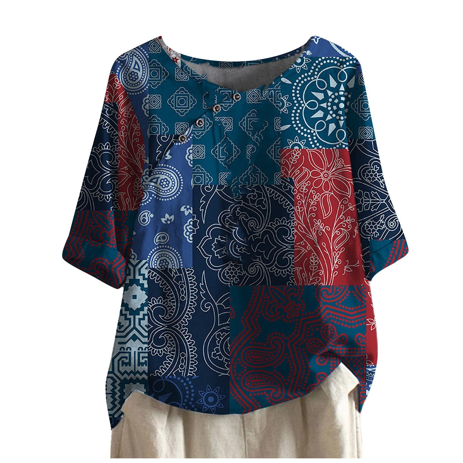 FQZWONG Women's Casual Short Sleeve Boho Blouse - Loose Fit Crew Neck Button Down T-Shirt Top for Summer | Perfect for Beach Outings, Date Nights & Weekend Wear