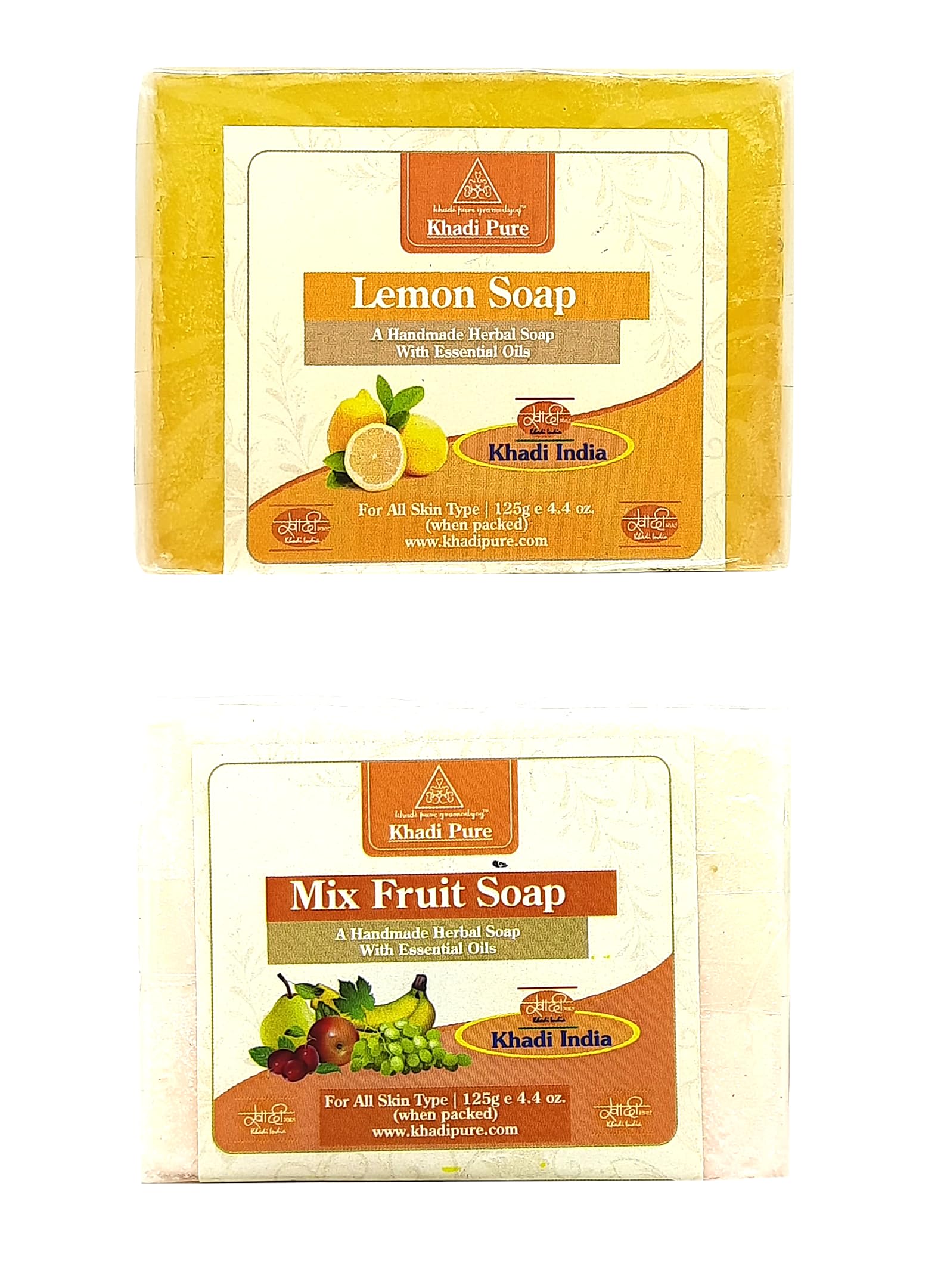Khadi Pure Herbal Lemon & Mix Fruit Soap (125g) - Pack of 2 (250g) | Natural Ayurvedic Skincare for Glowing Skin | Perfect for Daily Face & Body Cleansing