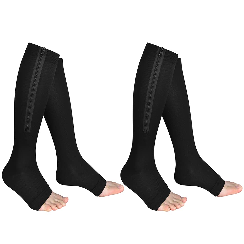15-20 mmHg Open Toe Zipper Compression Socks (2 Pairs) - Best Support Stockings for Edema, Swelling & Pregnancy Relief - Ideal for Travel, Nursing & Post-Surgery Recovery