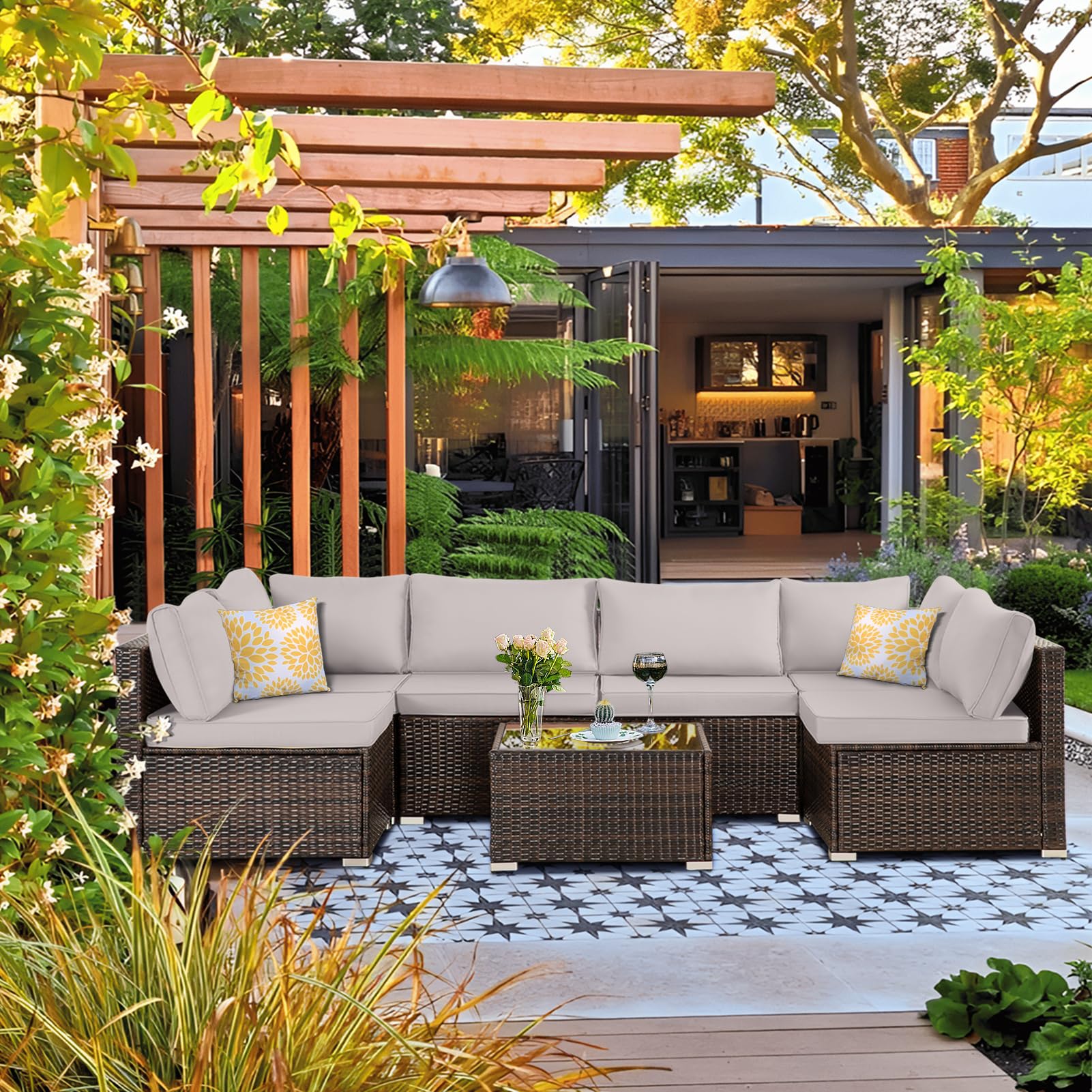 7-Piece All-Weather Wicker Patio Furniture Set with Padded Cushions - Outdoor Sectional Sofa Conversation Set for Poolside, Balcony, Backyard (Brown Wicker/Grey Cushion) - Perfect for Relaxing, Entertaining & Outdoor Dining