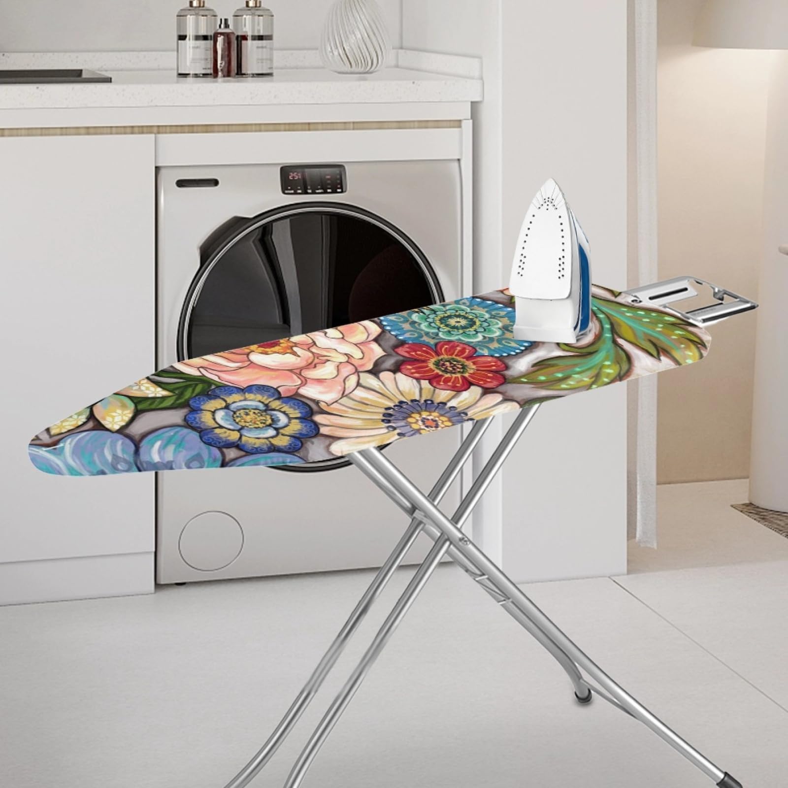 ZDCUSTOM Boho Floral Ironing Board Cover with Elastic Edge - Heat-Resistant, Thick Ironing Pad Protector for Table Top - Perfect for Home Laundry, Sewing & Crafting