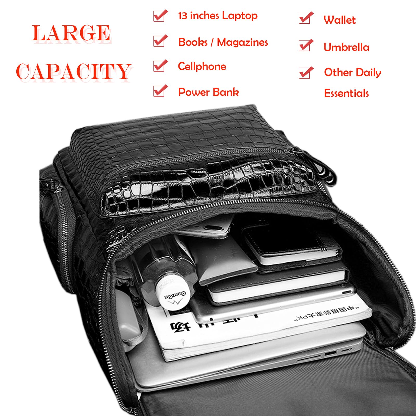 Boshiho Genuine Leather Laptop Backpack for Men - Stylish Crocodile Pattern Travel Bag & Business Daypack - Perfect for Work, Commuting & Weekend Getaways (Large Size)