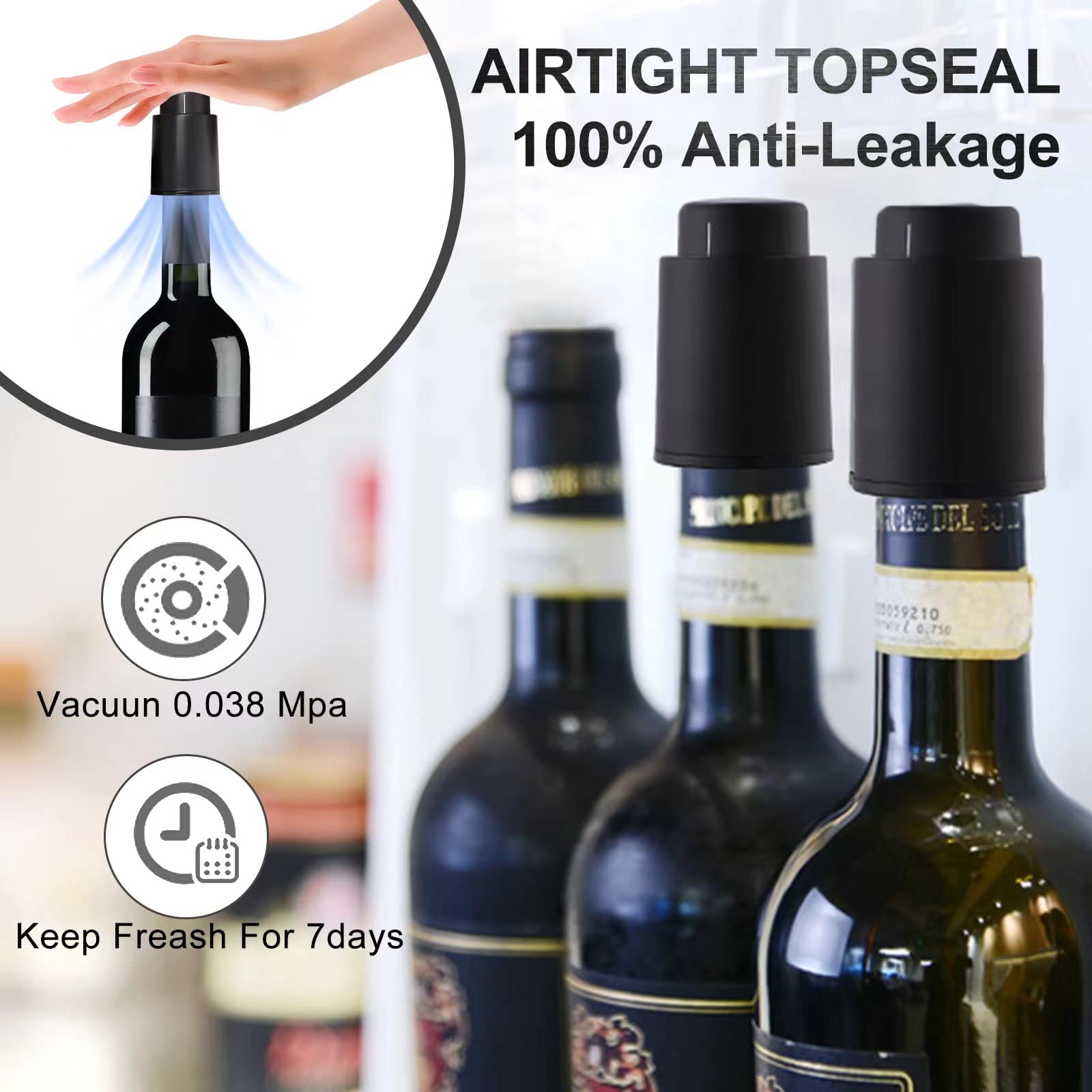 Premium Wine Vacuum Pump Stoppers - 6pcs Black Wine Saver Stoppers for Glass Bottles | Extend Wine Freshness | Perfect for Home Bars, Parties & Wine Storage
