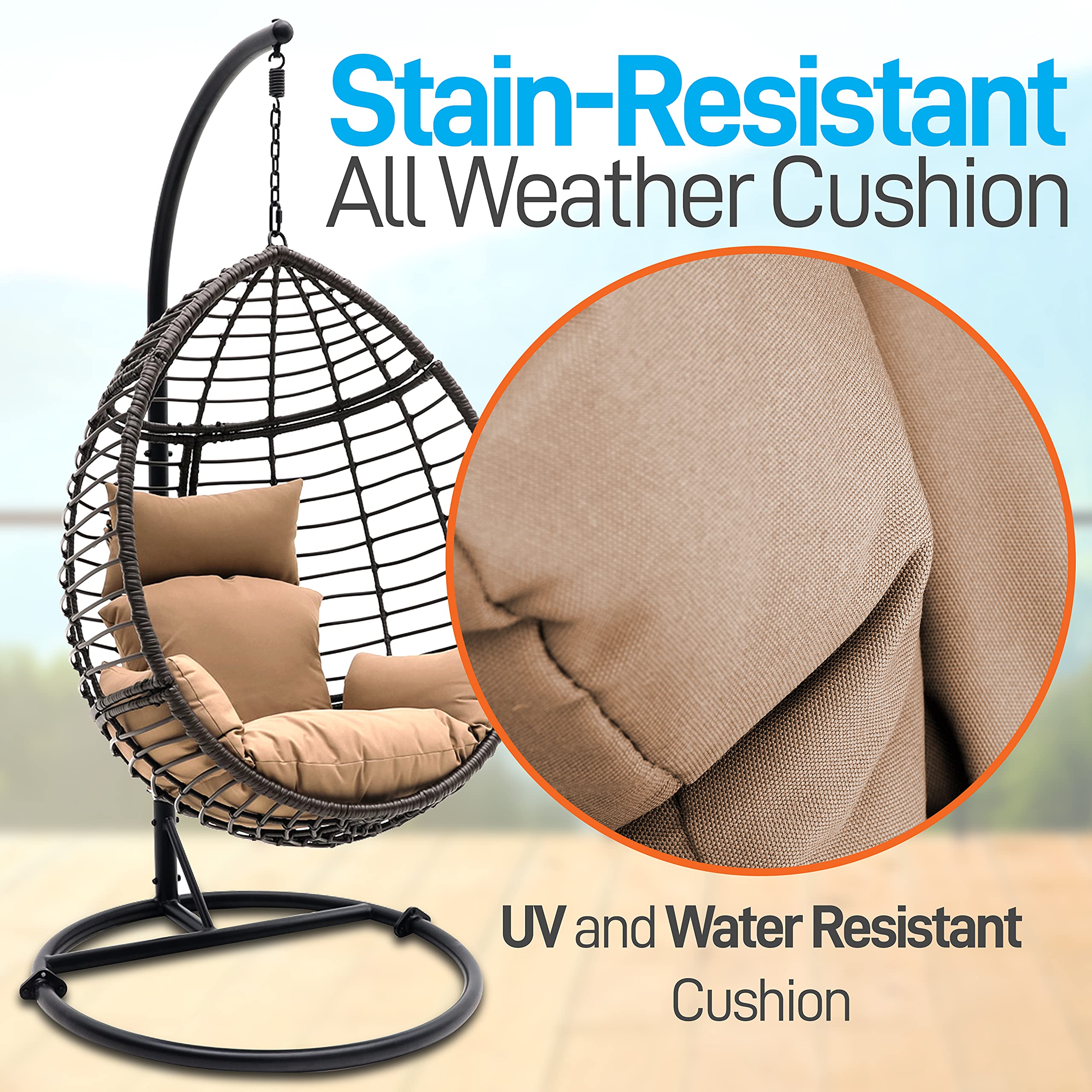 SereneLife Hanging Egg Chair with Stand - Indoor Outdoor Wicker Rattan Lounge Chair, Steel Frame & UV Resistant Washable Cushions - Perfect for Garden, Backyard, Deck, Sunroom, Patio (Black & Brown)
