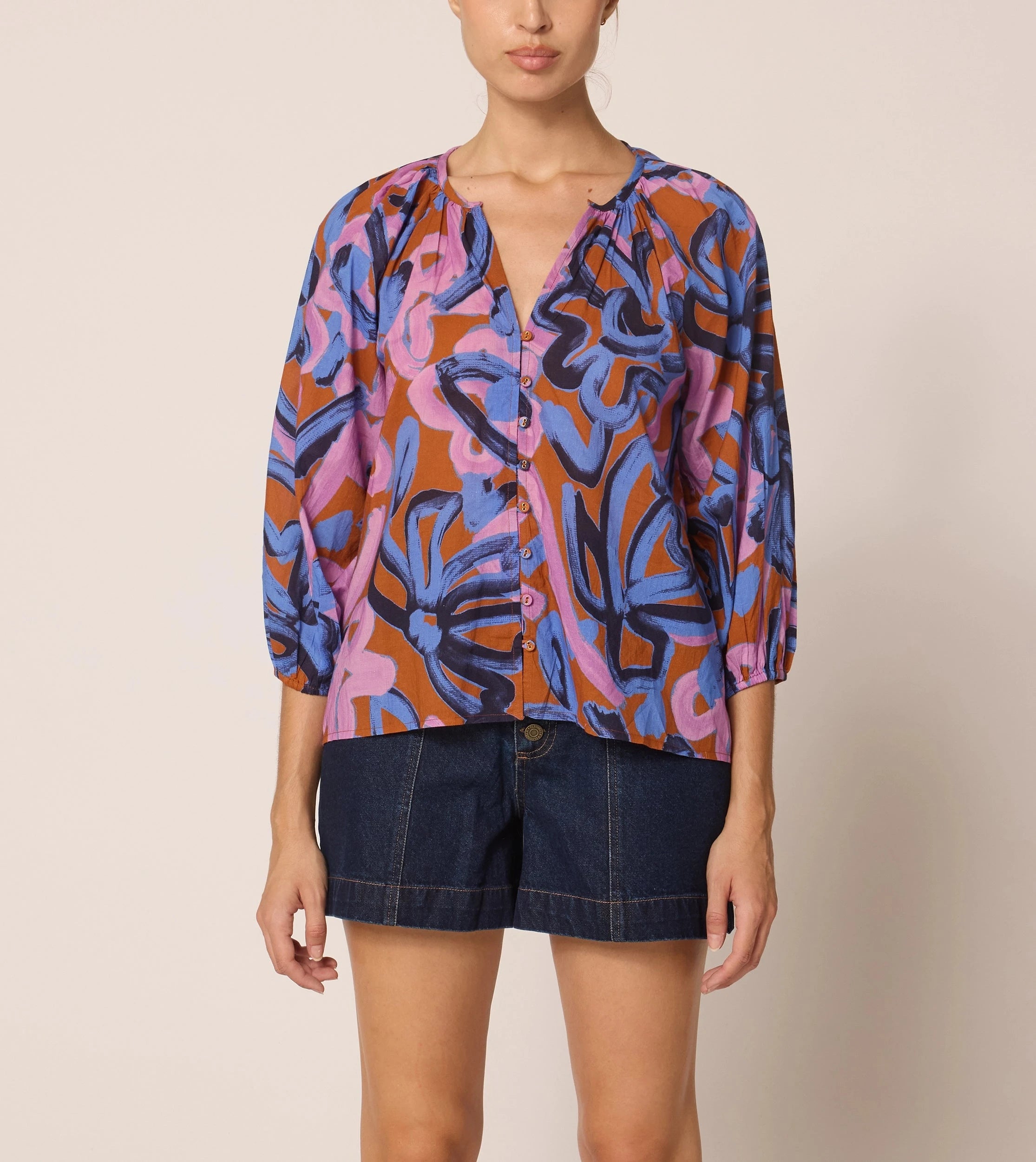 Ramona Blouse | Women's Fashion Fresco Print Top | Elegant Short Sleeve Shirt for Casual Wear, Office & Date Night Outfits