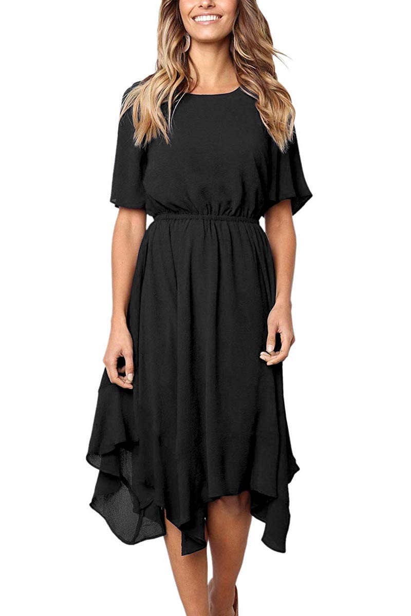 Alaster Women's Chiffon Short Sleeve Casual Midi Dress with Irregular Hem - Flowy Summer Dress for Beach, Party & Vacation Wear