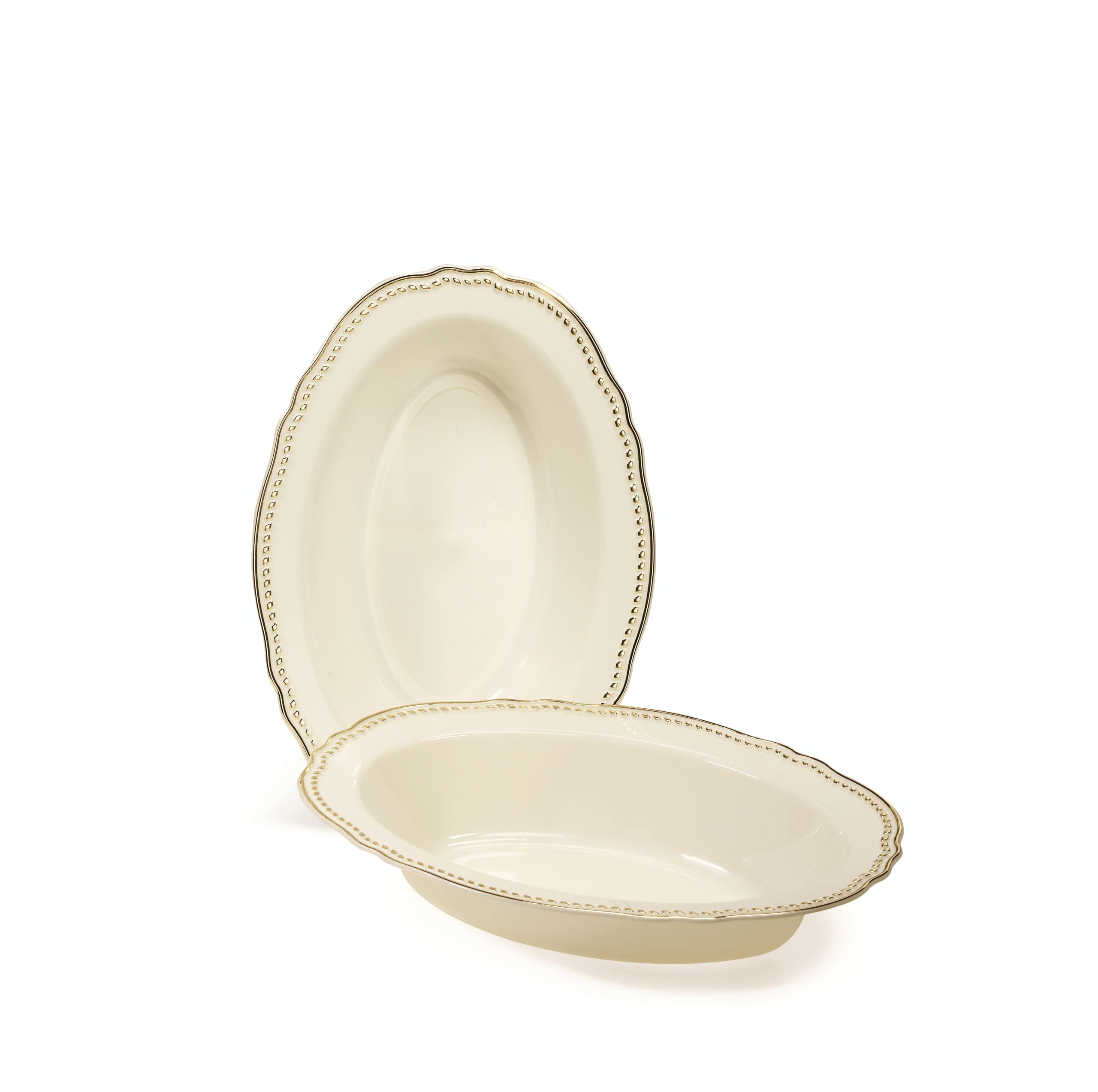 20-Pack Heavyweight Disposable Plastic Oval Bowls - 7 oz Elegant Wedding & Party Dessert Plates in Rochelle Ivory & Gold for Special Occasions, Bridal Showers, Birthday Celebrations & Formal Events