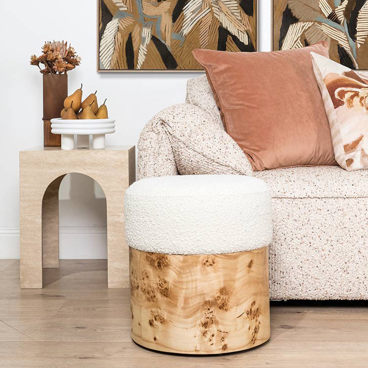 Ada Burlwood Boucle Stool - Modern Accent Stool with Natural Wood Grain & Textured Fabric, Perfect for Living Room, Bedroom, or Entryway Seating