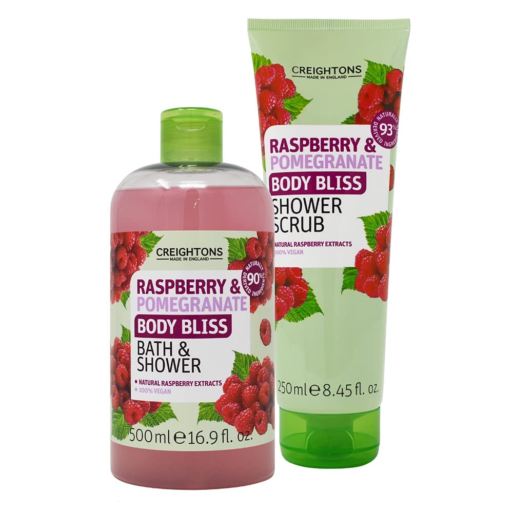 Creightons Body Bliss Raspberry & Pomegranate Bath & Shower Set - 250ml Exfoliating Scrub & 500ml Hydrating Gel | Vegan, Cruelty-Free, 90% Natural Ingredients | Perfect for Spa Day & Relaxing Self-Care Routine