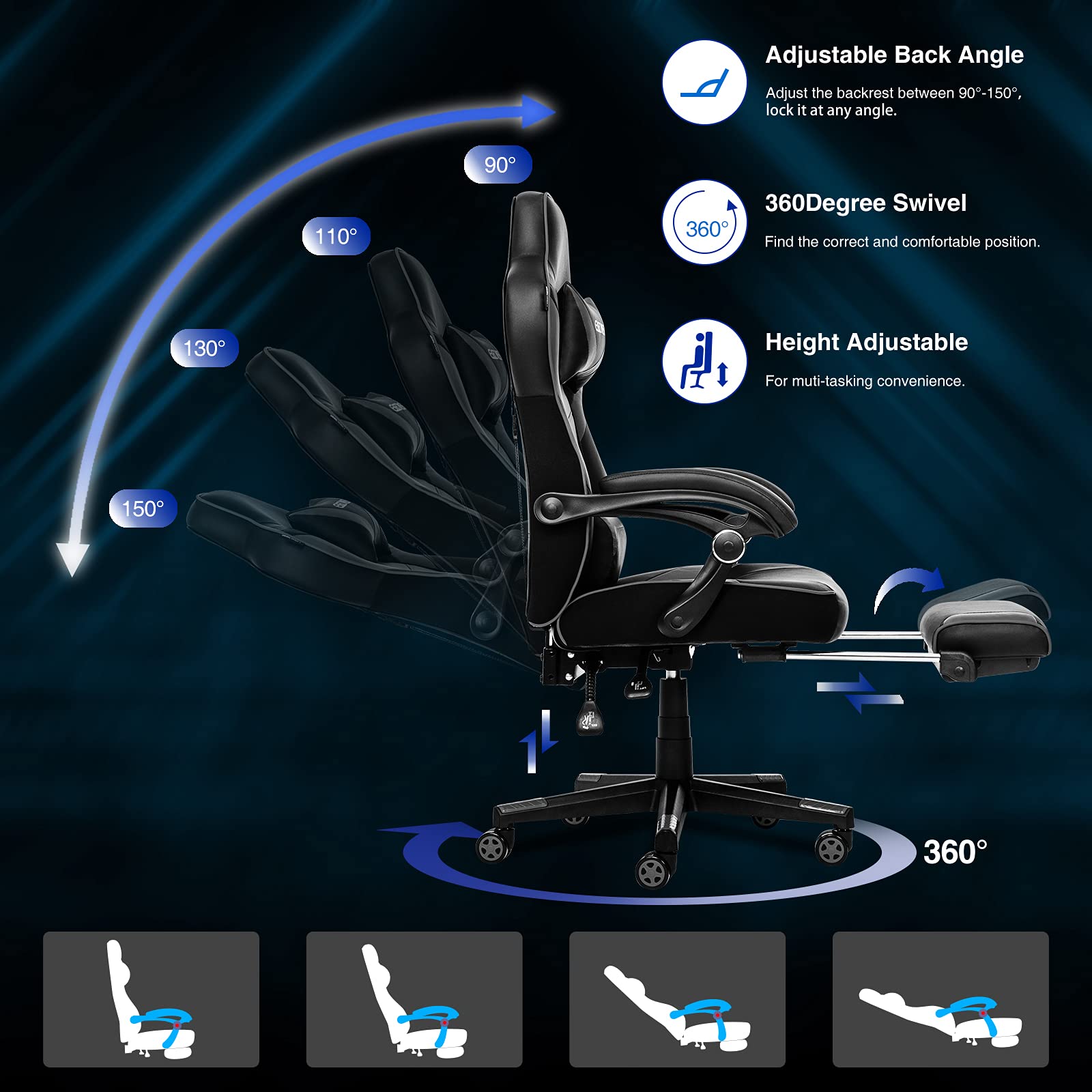 ELECWISH Ergonomic Gaming Chair with Footrest & Lumbar Support - for Office & Racing Game Setup