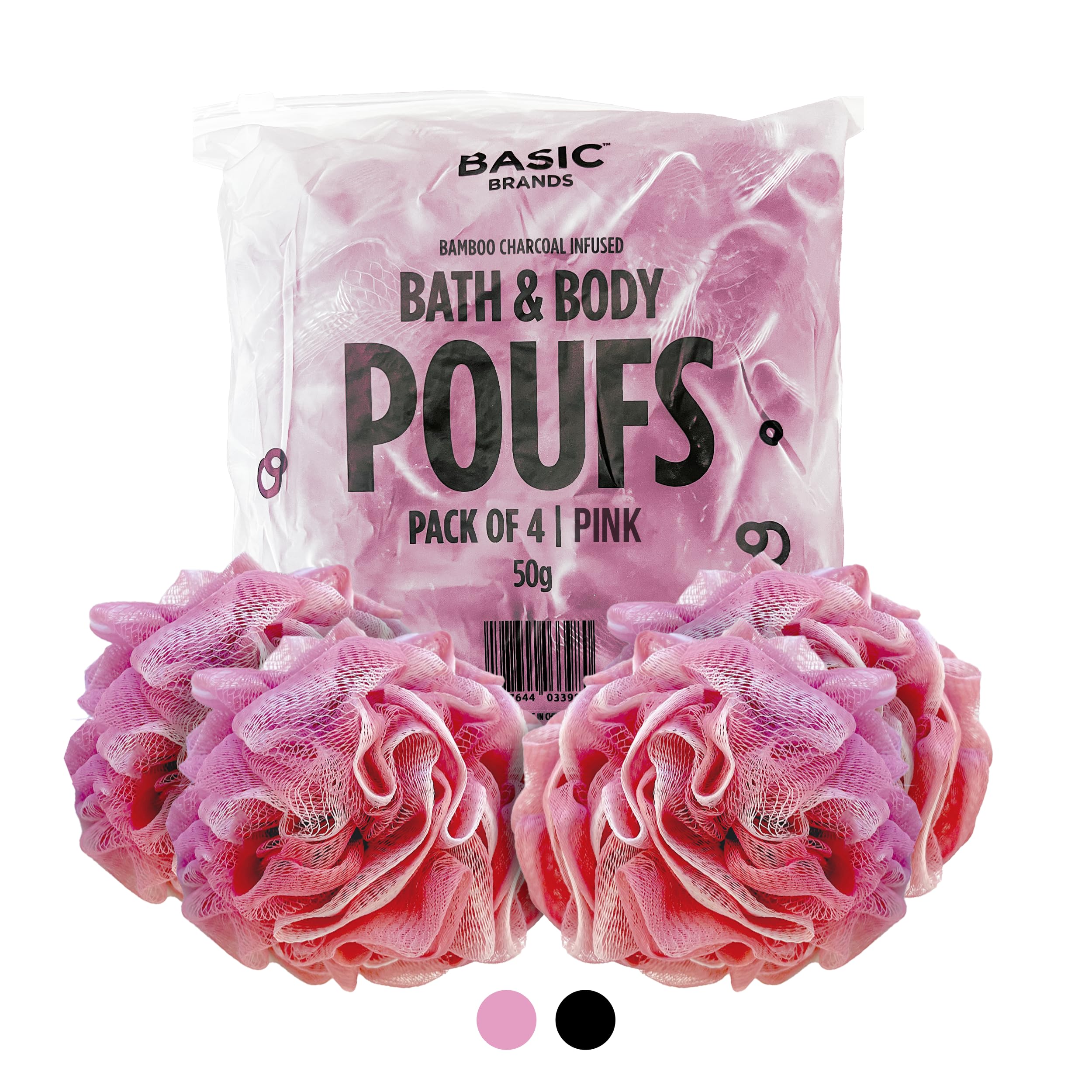 4-Pack Pink Loofah Sponges for Women - Soft Mesh Shower Puffs with Charcoal Infused Bamboo Exfoliation | Gentle Body Scrubber for Bath & Shower | Perfect for Daily Skincare & Exfoliating Routine