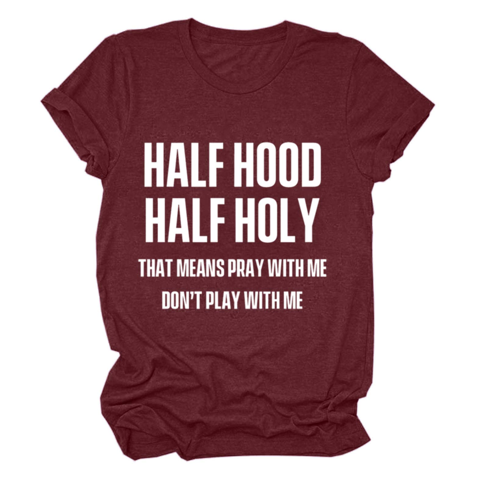 COOKI Women's Half Hood Half Holy Graphic Letter Short Sleeve T-Shirt - Casual Tunic Top for Everyday Wear, Street Style & Summer Outfits