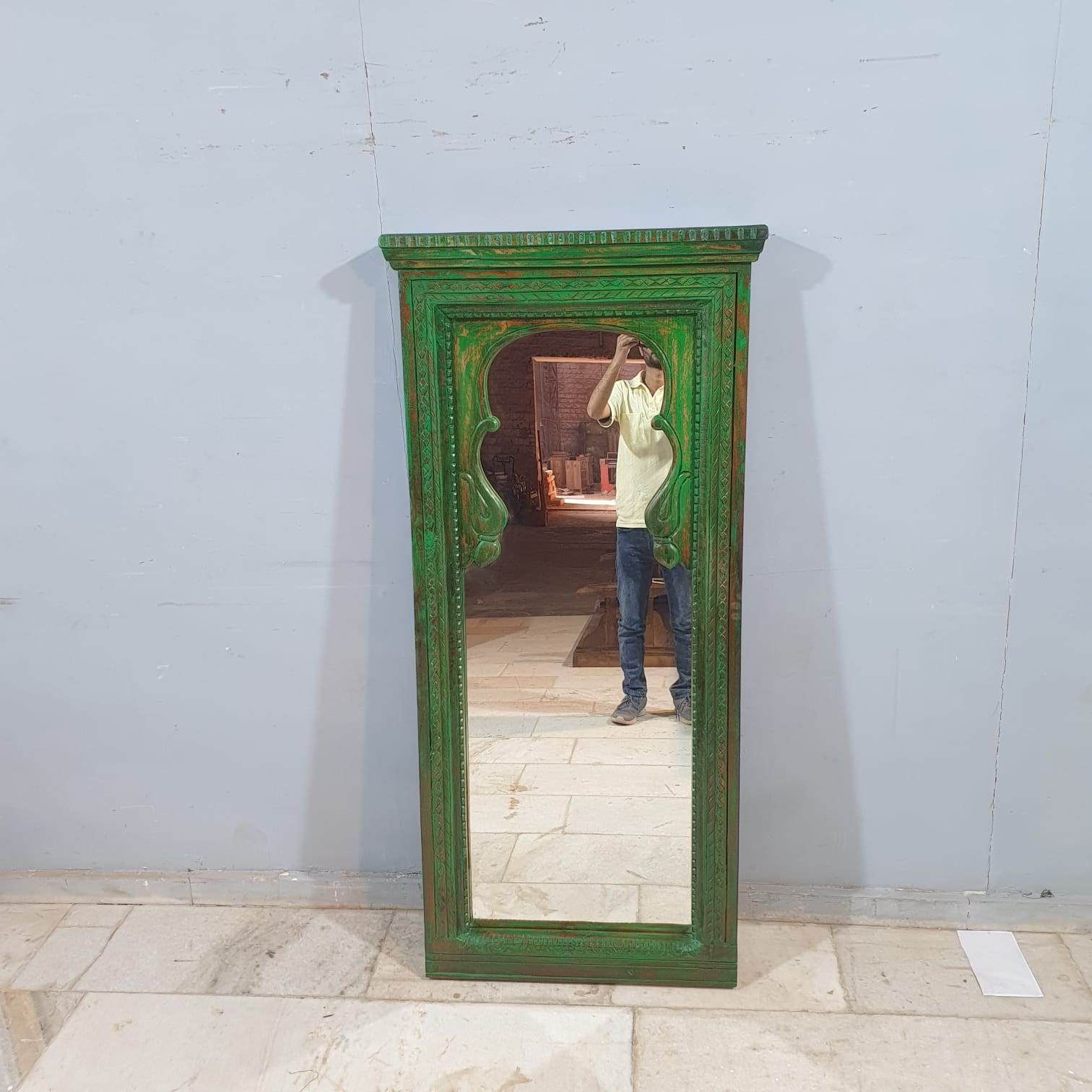 Handmade Indian Wooden Mirror Frame - Rustic Green Carved Design 70x150 cm - Perfect for Boho Home Decor, Living Room & Bedroom Wall Art