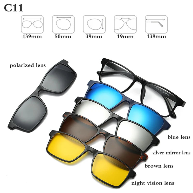 Belmon Unisex Square Eyeglasses with 5 Clip-On Sunglasses - Lightweight Blue Light Blocking Glasses for Men & Women - Perfect for Reading, Driving, and Outdoor Activities (RS159)