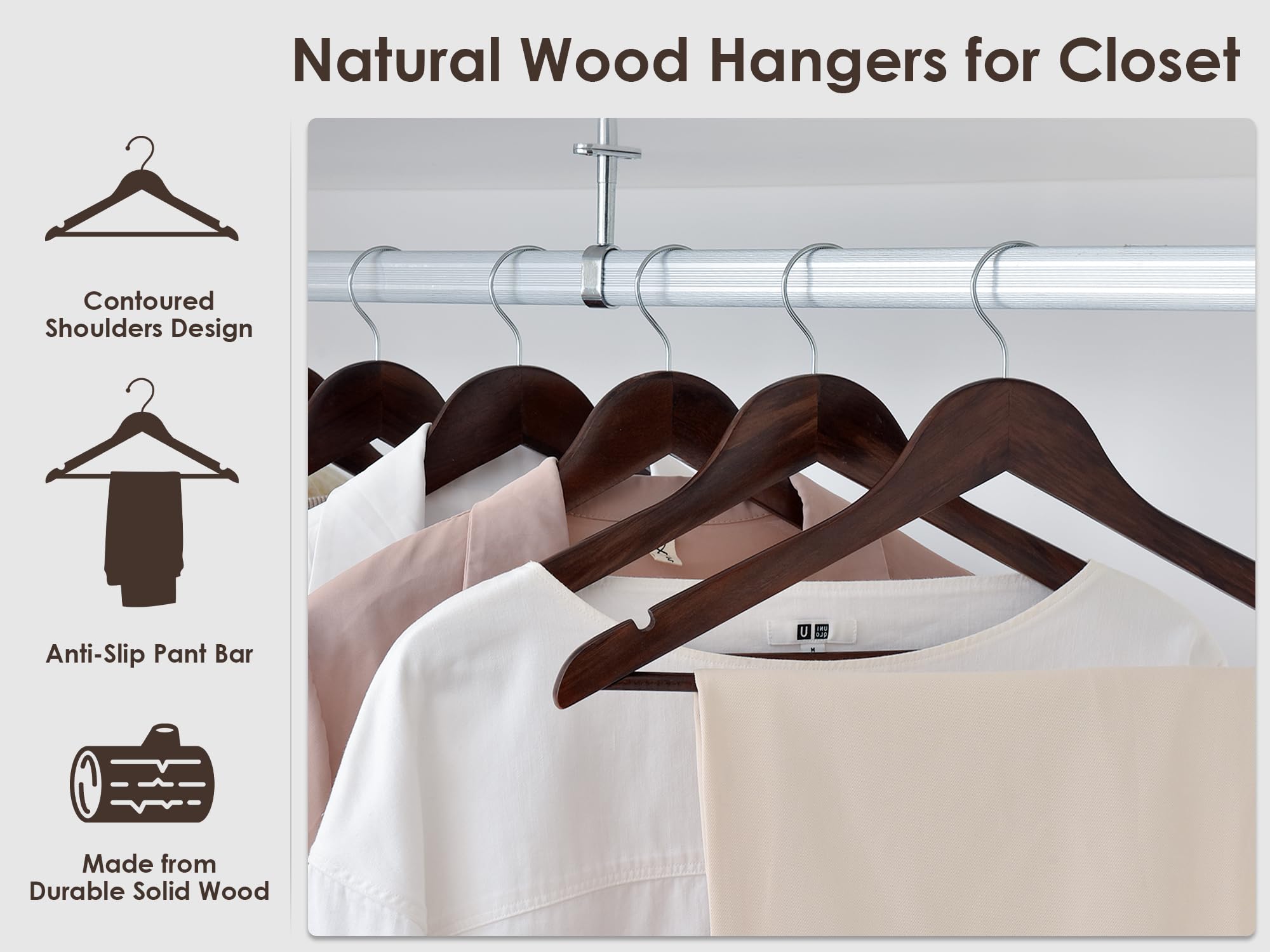 Premium Walnut Wooden Hangers 20-Pack - Heavy Duty Clothes Hangers for Coats, Shirts, Jackets, Pants & Suits - Space Saving Closet Organization for Home, Office and Retail Stores