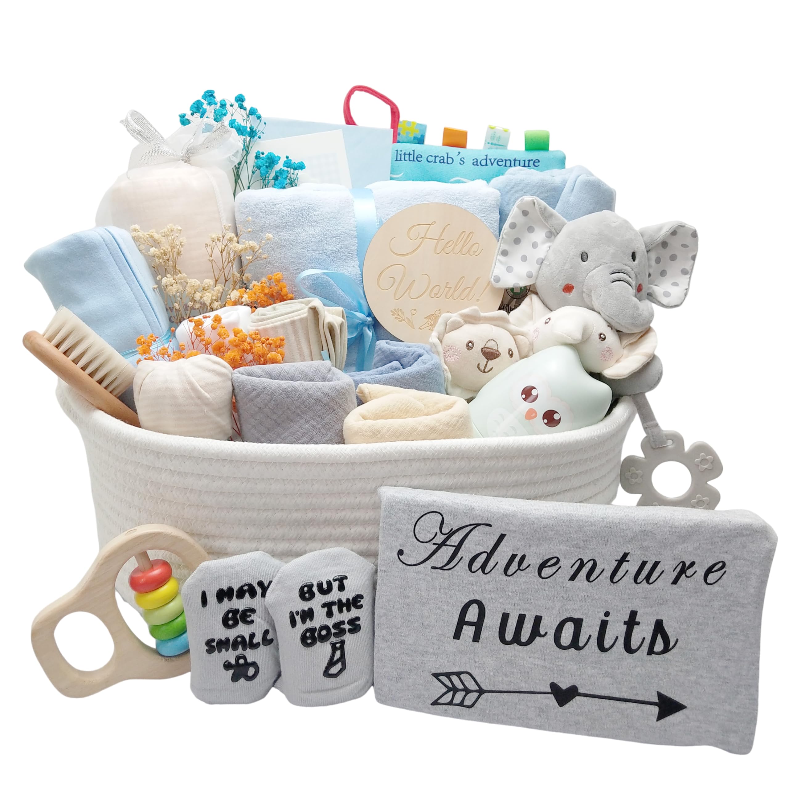 27-Piece Baby Shower Gift Set for Boys - Newborn Essentials Kit with Rattle, Swaddle & Diaper Caddy Organizer - Blue Baby Boy Gift Basket - Perfect for Gender Reveal, Baby Registry & Nursery Organization