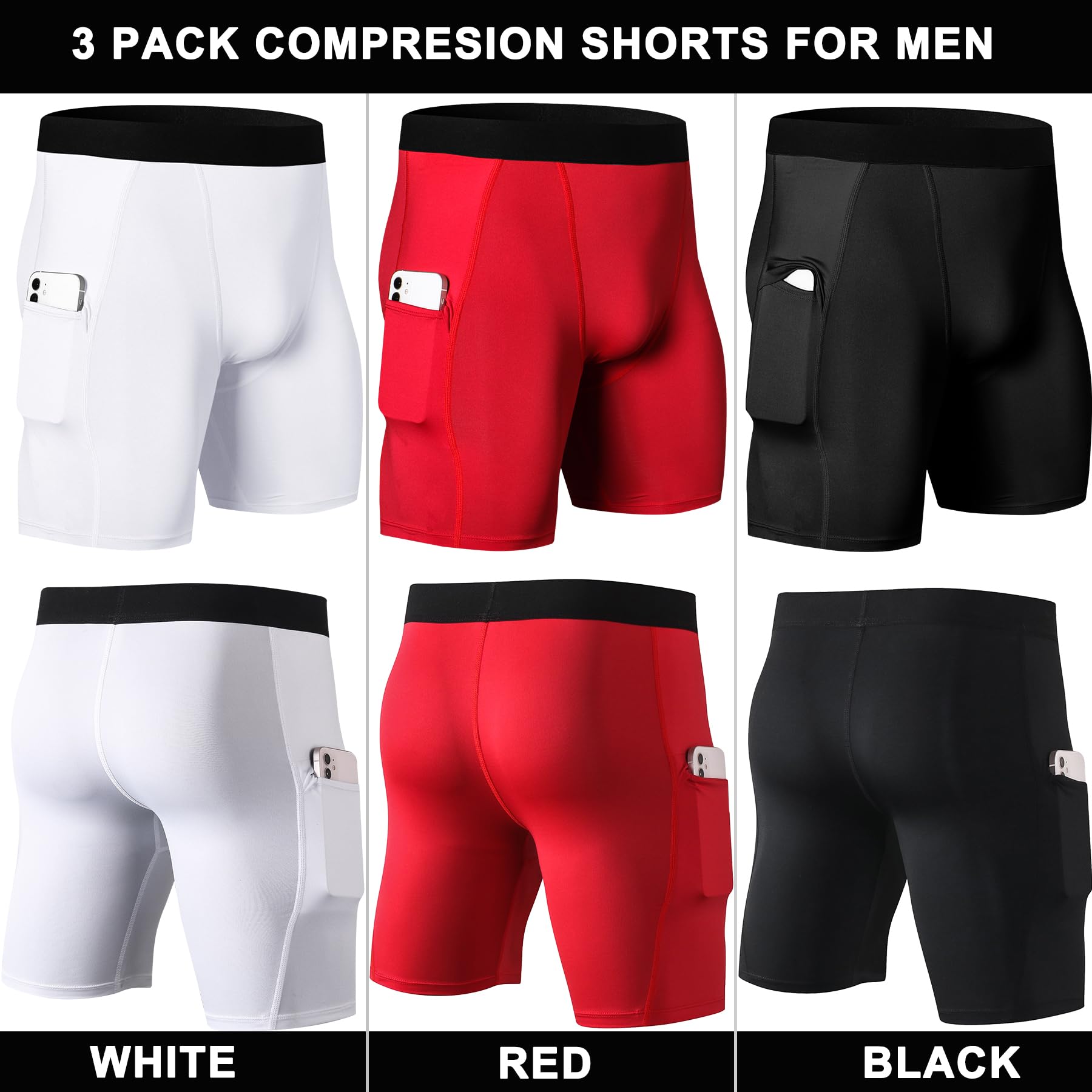 SPVISE 1/3 Pack Men's Compression Shorts with Pockets - Moisture Wicking Spandex Workout Underwear for Gym, Running, Basketball & Sports - Breathable Activewear for Training, Cycling & Daily Wear