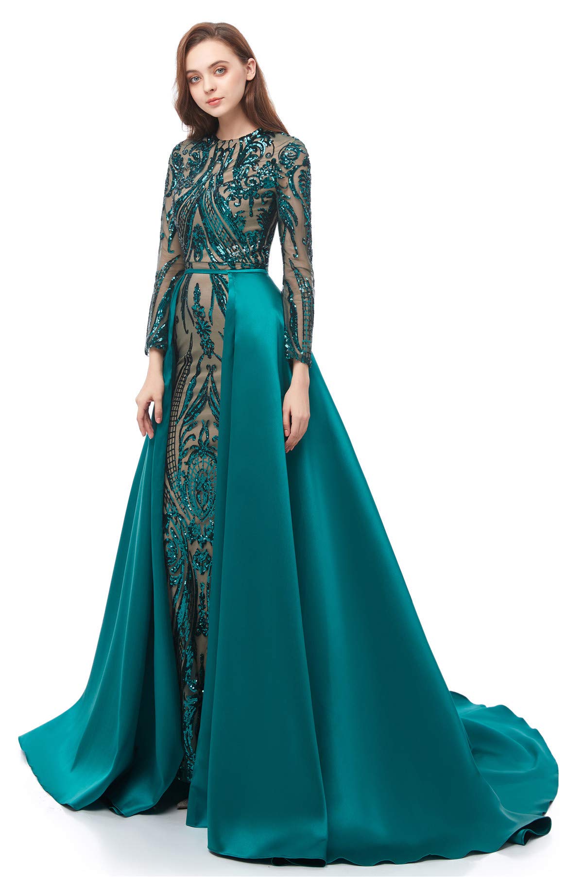 Elegant Long Sleeve Sequin Mermaid Evening Dress with Detachable Train - Women's Formal Party Gown for Prom, Wedding, and Black Tie Events