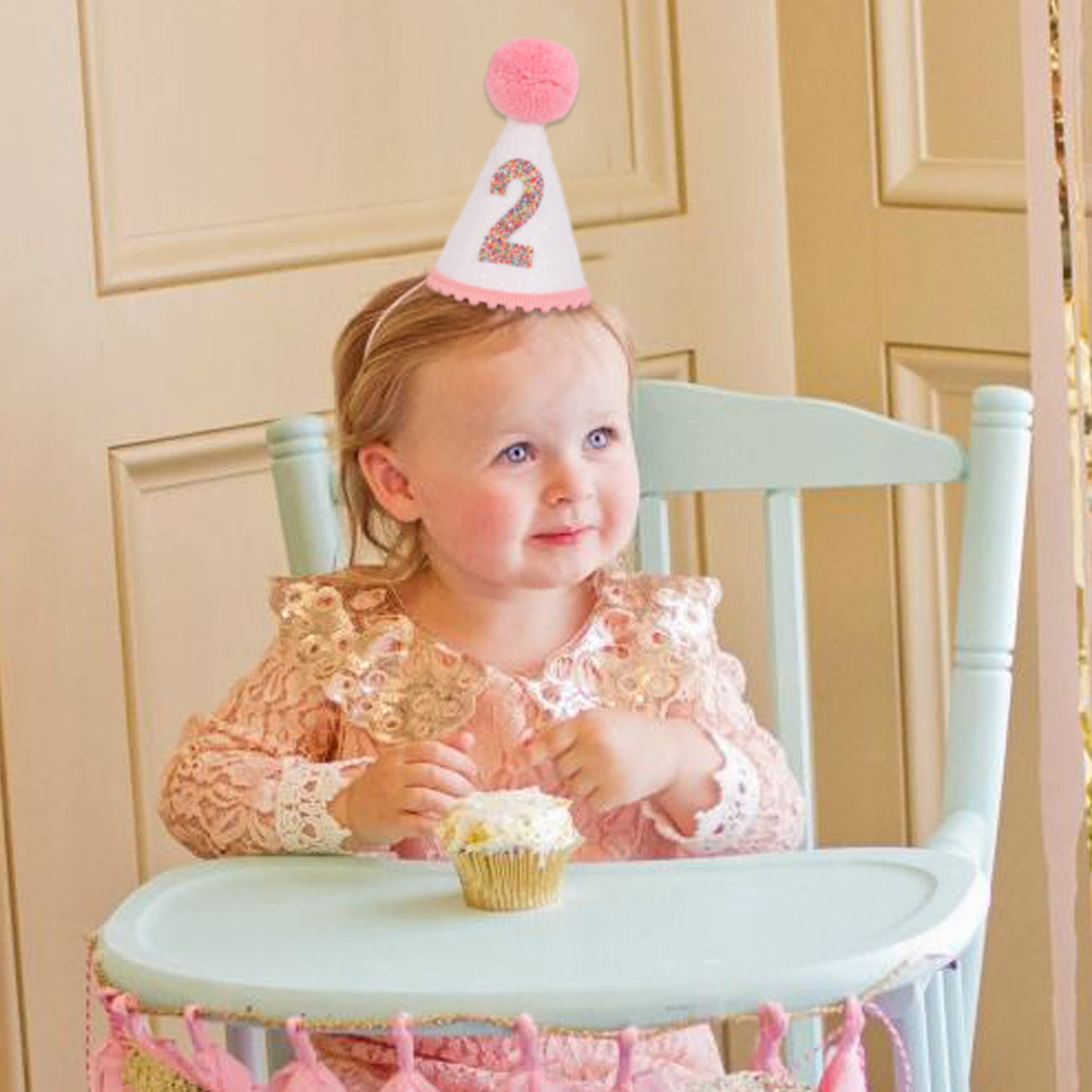 Sparkly Pink Glitter Birthday Hat for Girls with Pom Topper - Cute Party Accessories for Birthday Celebrations, Photo Booths & Princess Themed Events