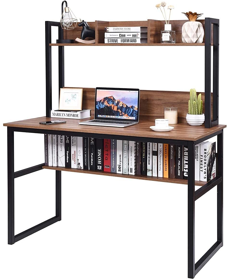 Goplus Modern Computer Desk with Coffee & Black Finish - Home Office Desk for Work, Study, and Gaming - Perfect for Small Spaces & Apartments