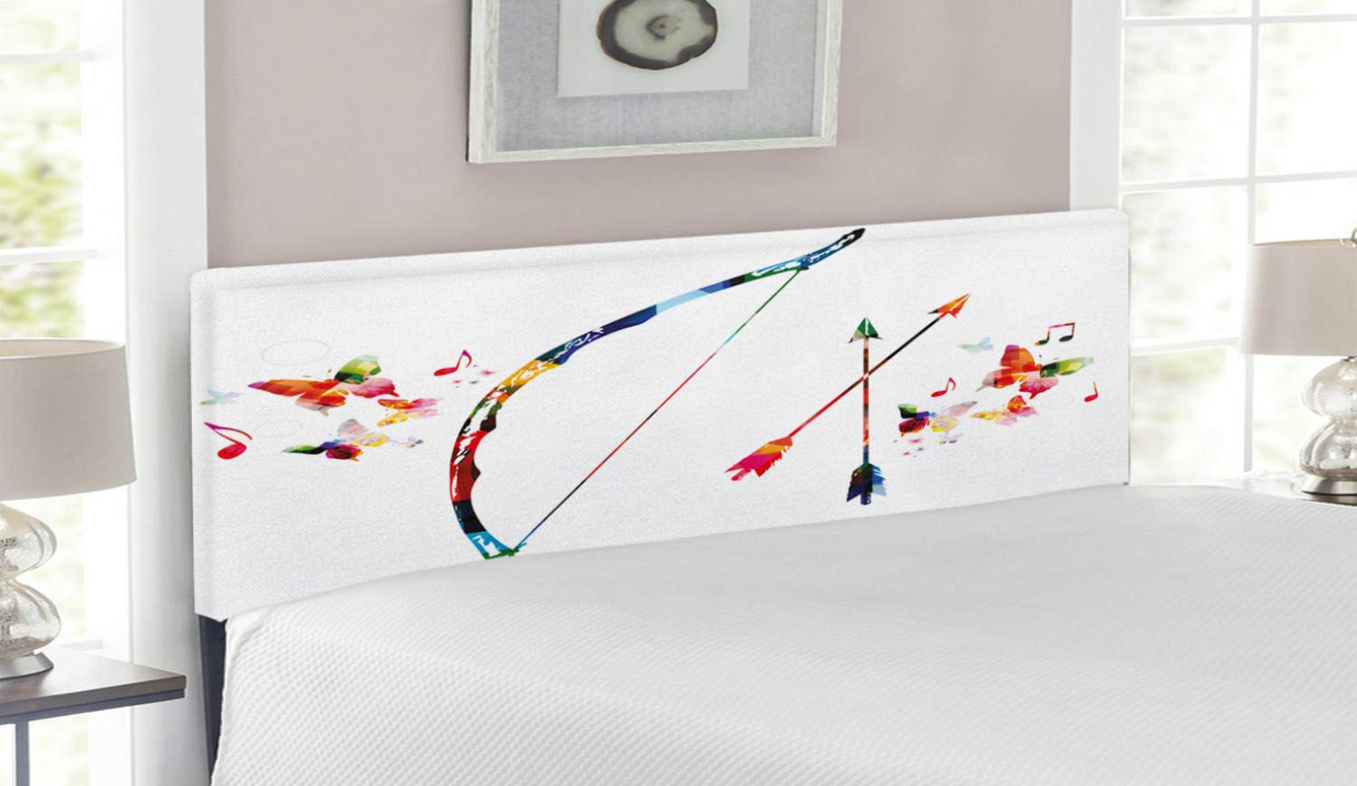 Ambesonne Modern Upholstered Headboard - Abstract Bow & Arrow with Butterflies & Music Notes Floral Design - Queen Size Decorative Metal Bed Frame with Memory Foam - Perfect for Bedroom Decor & Guest Room Upgrade