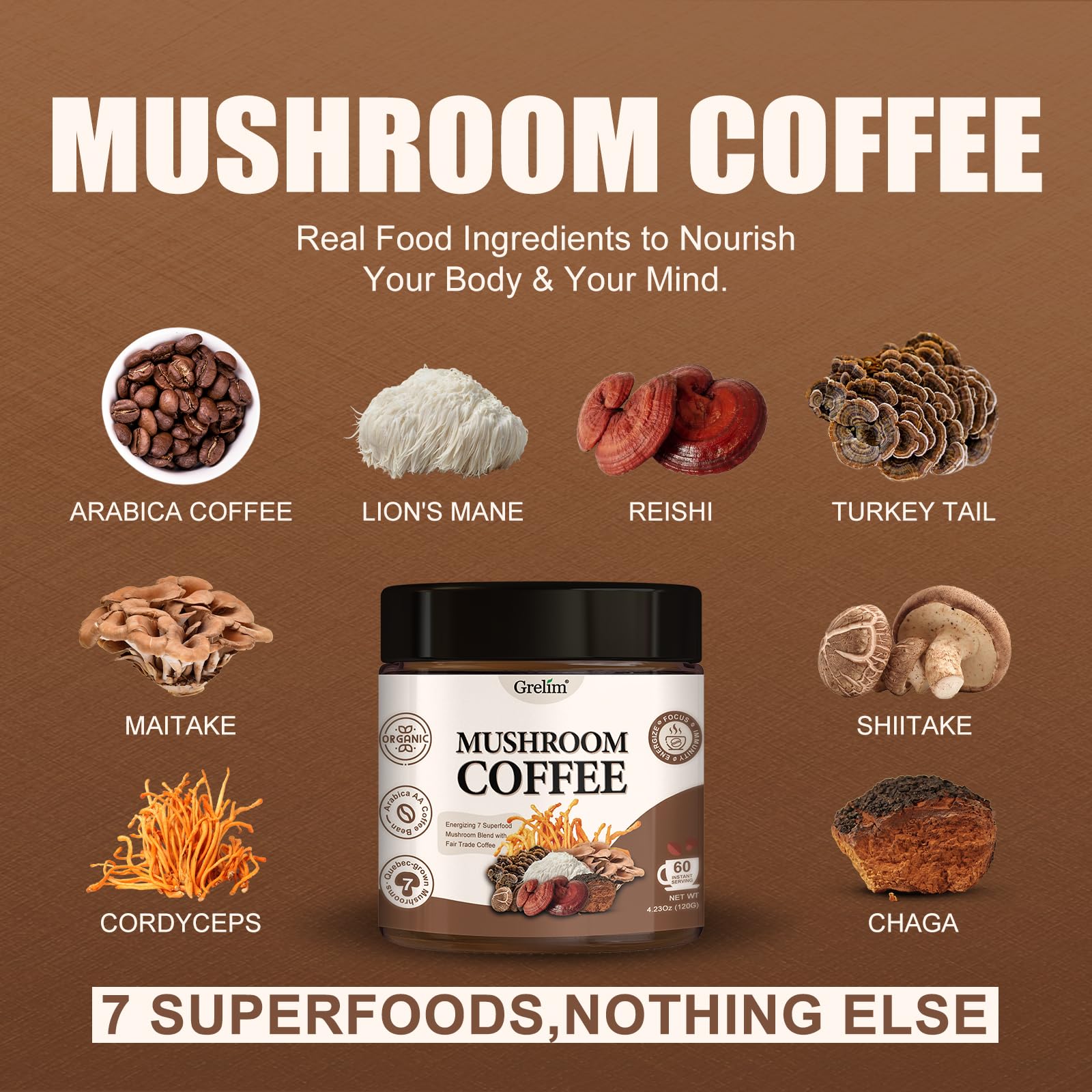 Grelim Mushroom Coffee with 7 Superfood Mushrooms - Premium Arabica Instant Coffee, 4.23 Oz - Boost Energy & Focus for Workouts, Office & Morning Routine