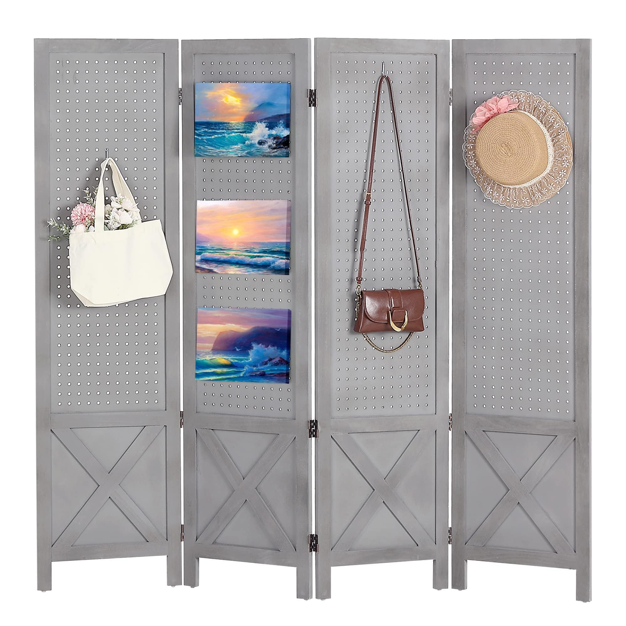 Wnutrees 5 Ft Wood Folding Privacy Screen - 4 Panel Pegboard Room Divider, Freestanding Display Board for Craft Shows, Art Exhibitions, Retail Stores & Events | Rustic Barnwood Grey Wall Organizer | Perfect for Home Office, Trade Shows & Classroom Partitions