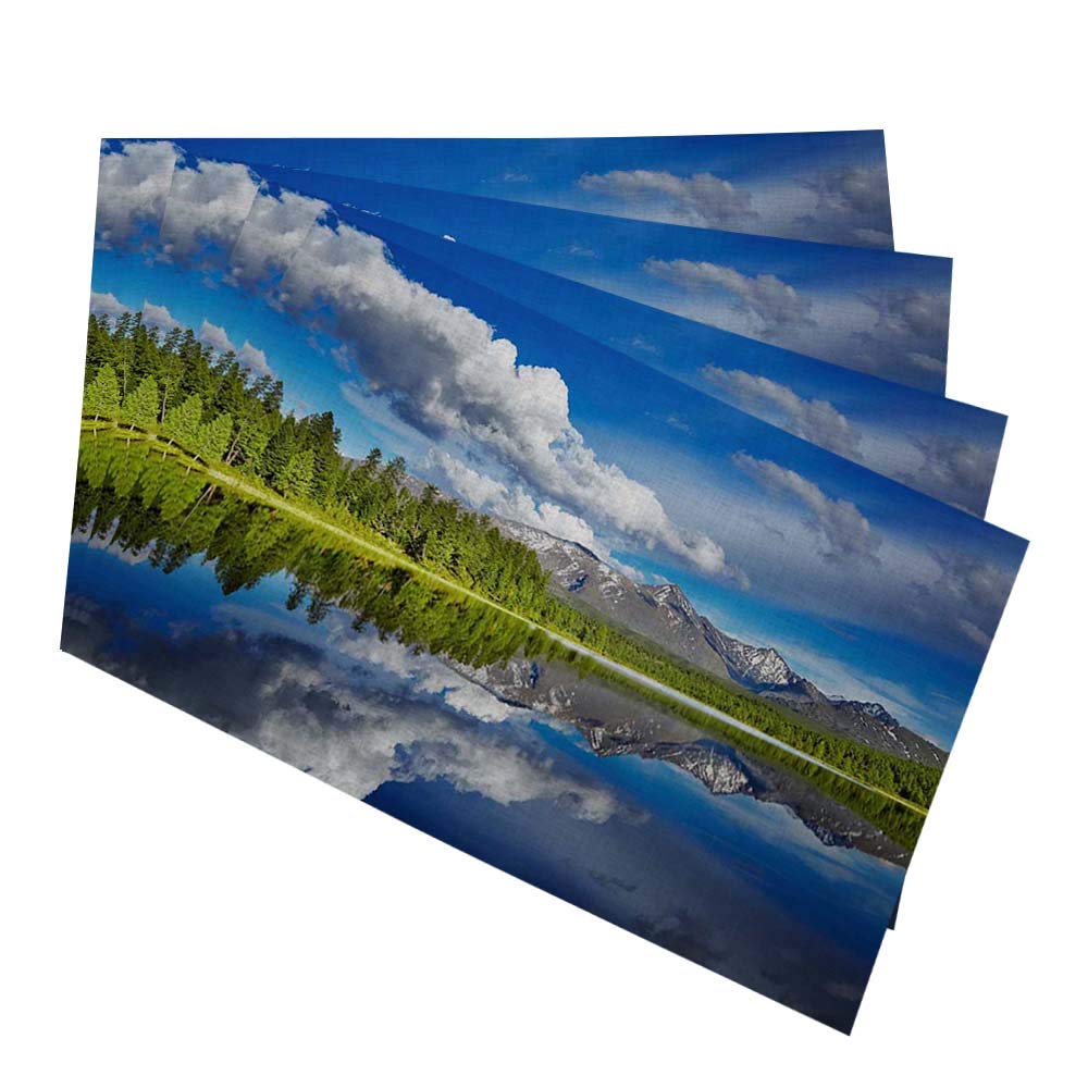 Premium 12x18 Inch Cotton Linen Placemats Set of 4 - Deep Green & Iceberg Design for Dining Table | Elegant Lake-Themed Table Mats for Home Kitchen Decor | Perfect for Dinner Parties, Holiday Gatherings & Everyday Use