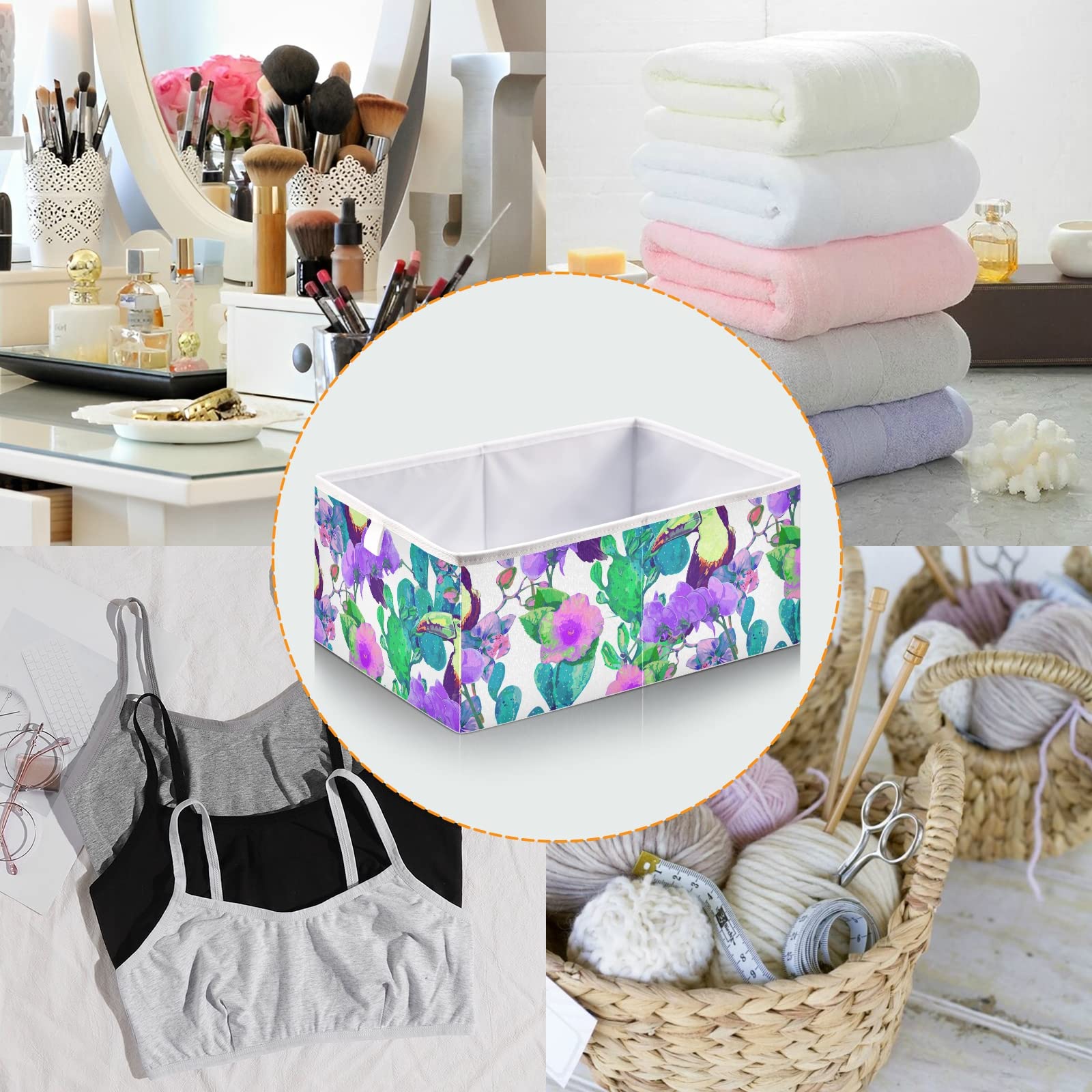 Foldable Collapsible Storage Baskets with Toucan Bird Design - 11 x 11 Inch Decorative Organizer for Shelves, Closet, Pantry & Nursery | Perfect for Home Organization & Space Saving