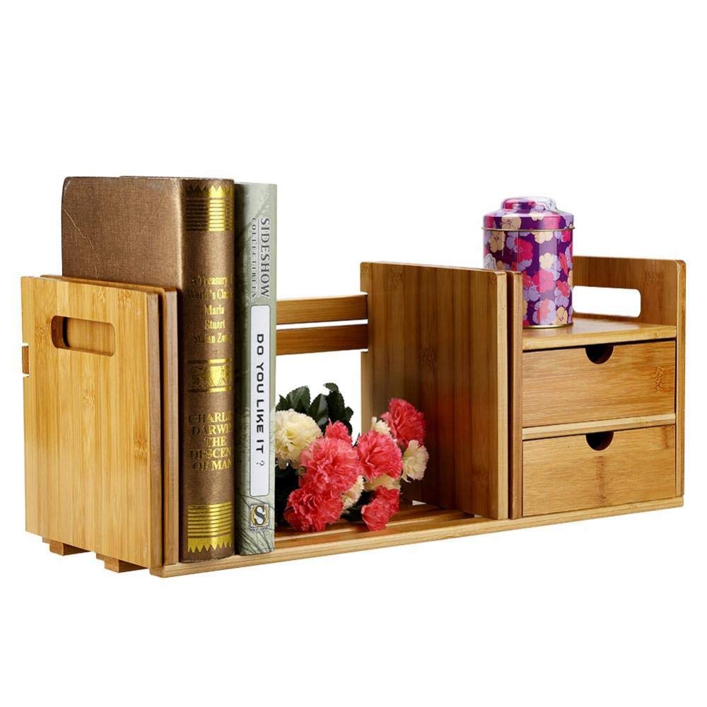 Bamboo Wood Extendable Desk Tabletop Book Rack - Adjustable Bookshelf Organizer with 2 Drawers for Office, Study, and Home Decor | Space-Saving Desktop Bookcase for Books, Files, and Supplies