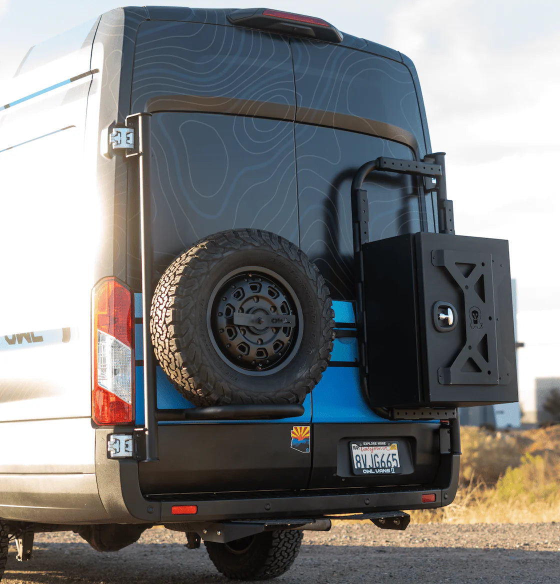 Heavy Duty Owl Tire Carrier for 2015-2023 Ford Transit Van - Spare Wheel Mount Bracket for Off-Road Adventures & Camping Trips