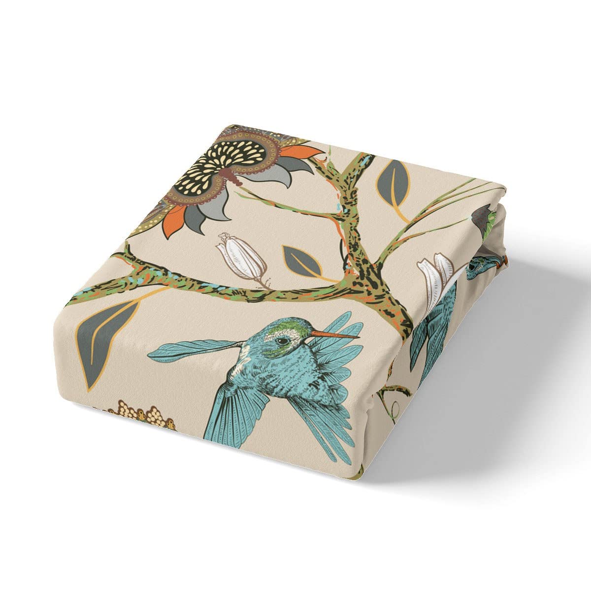 Blue Hummingbird Queen Sheet Set 4pcs - Heart Shaped Floral Animal Print Bedding with Deep Pocket Fitted Sheet, Flat Sheet & 2 Pillowcases | Soft Comfortable Bed Sheets for Kids & Teens Room Decor | Perfect for Nursery, Bedroom Makeover & Gift Giving
