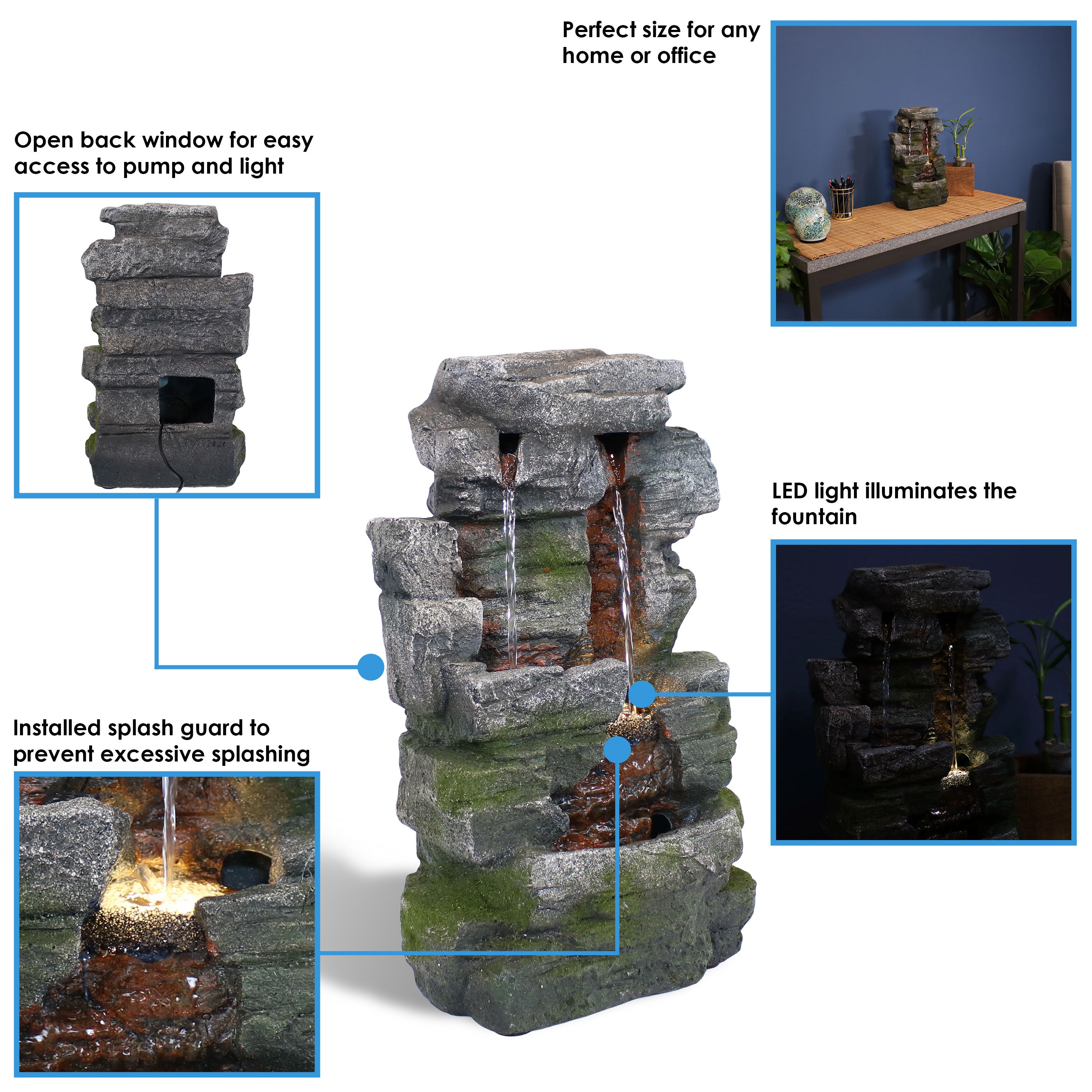 Premium Sunnydaze Towering Cave Waterfall Indoor Tabletop Fountain with LED Lights - Relaxing Zen Decor for Home, Office, or Spa