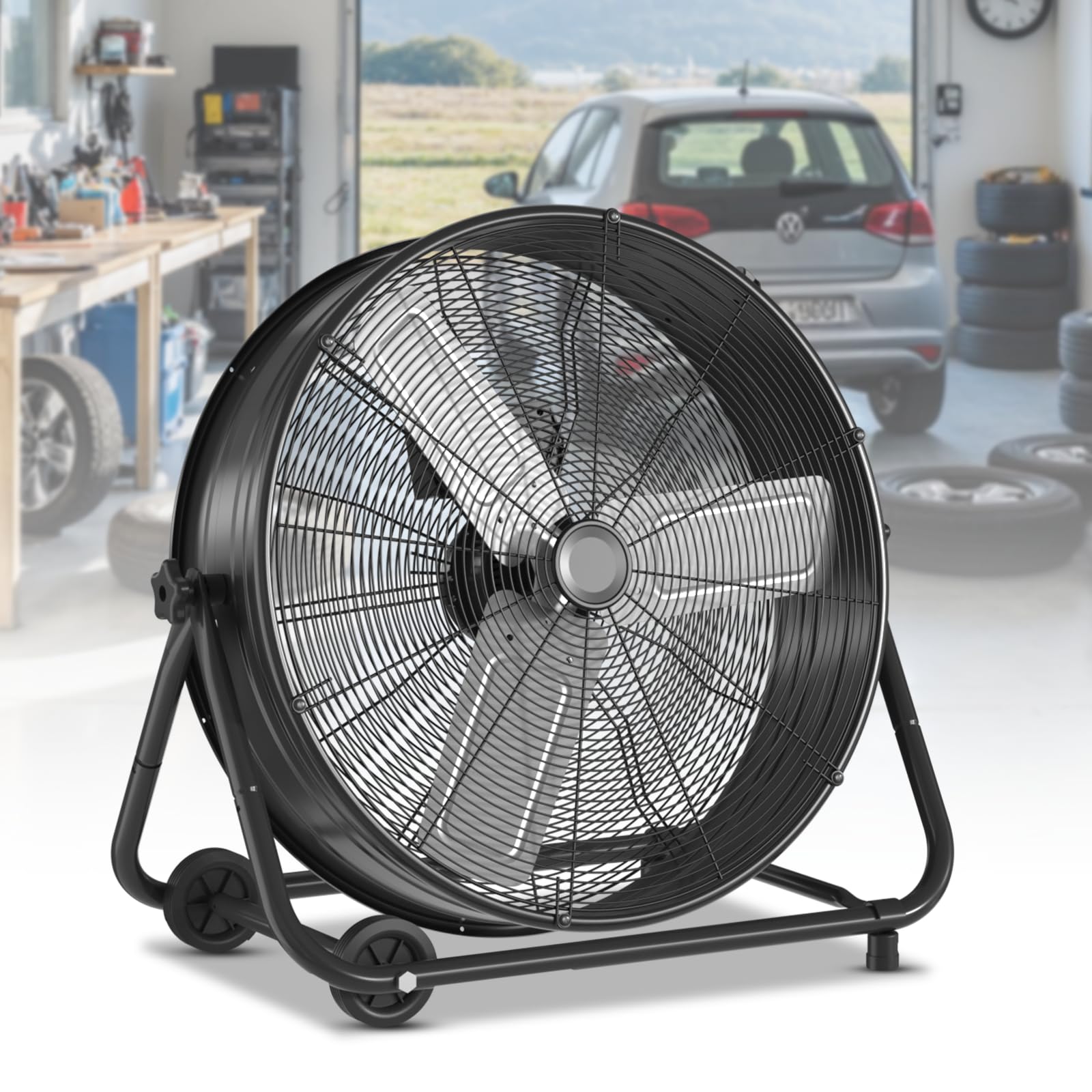 LifePlus 24 Inch Industrial Drum Fan - High Velocity Floor Fan with 3 Speed Settings, Heavy Duty Metal Air Circulator, 360° Tilt & Casters Handle (ETL Certified) - 8900 CFM for Warehouse, Patio, Commercial Use & Home Cooling