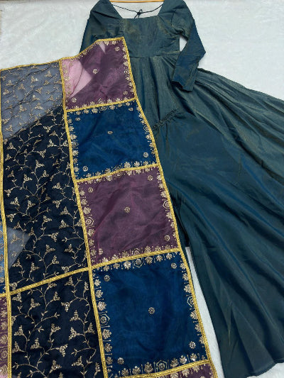 Shimmer Blue Roman Silk Anarkali Suit Set for Women - Elegant Indian Ethnic Dress for Weddings, Parties & Festive Occasions
