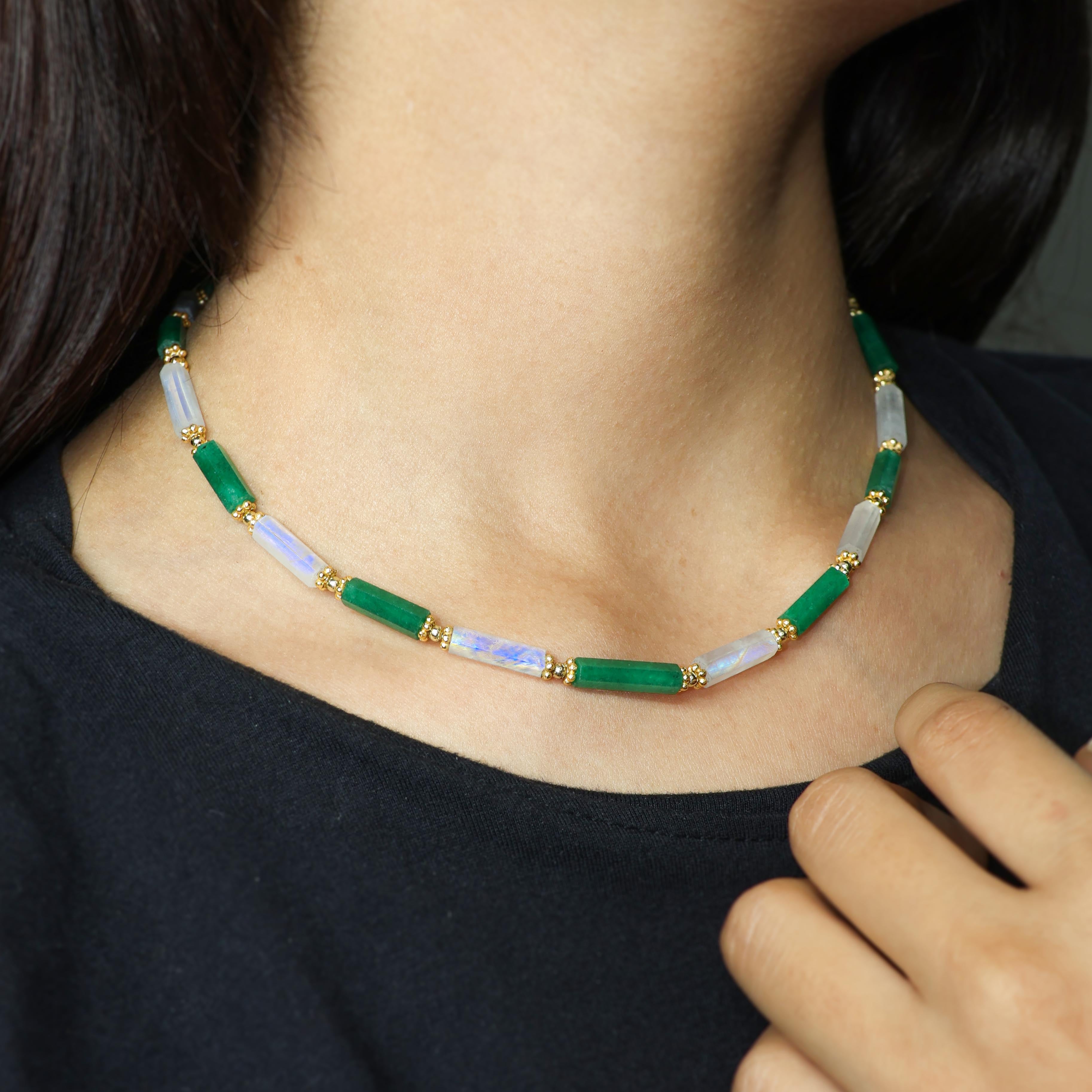 Handmade Green Emerald & Rainbow Moonstone Necklace for Women - Elegant Boho Jewelry Gift for Birthday, Wedding & Special Occasions