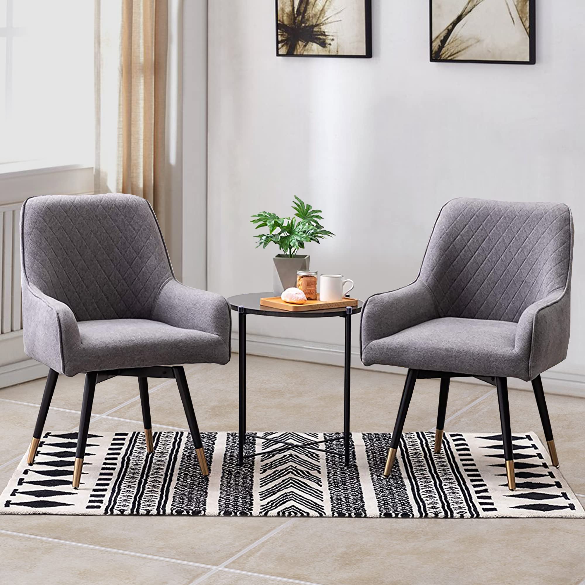 2 Pack Swivel Dining Chairs - Gray Upholstered Accent Chairs with Non-Slip Rubber Caps & Arms for Living Room, Kitchen, Dining Room & Office - Modern Home Furniture Set