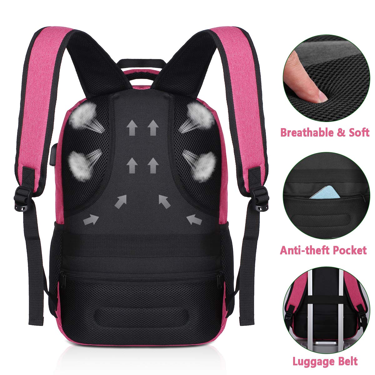 Stylish Pink Backpack for Women & Teen Girls - USB Charging Port School & College Backpack - Perfect for Daily Commute, Campus Life & Travel Accessories