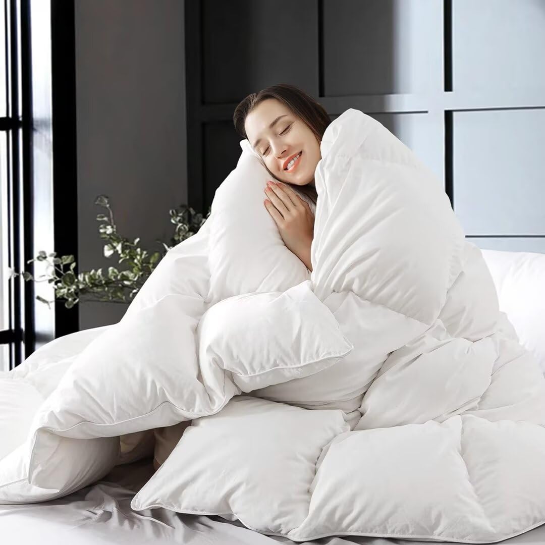 Premium Feather Down Fiber Comforter - All Season Luxury White Bedding - Ultra Soft 100% Cotton Duvet Insert - King Size 106x90 Inches - Perfect for Master Bedrooms, Guest Rooms & Cozy Winter Nights