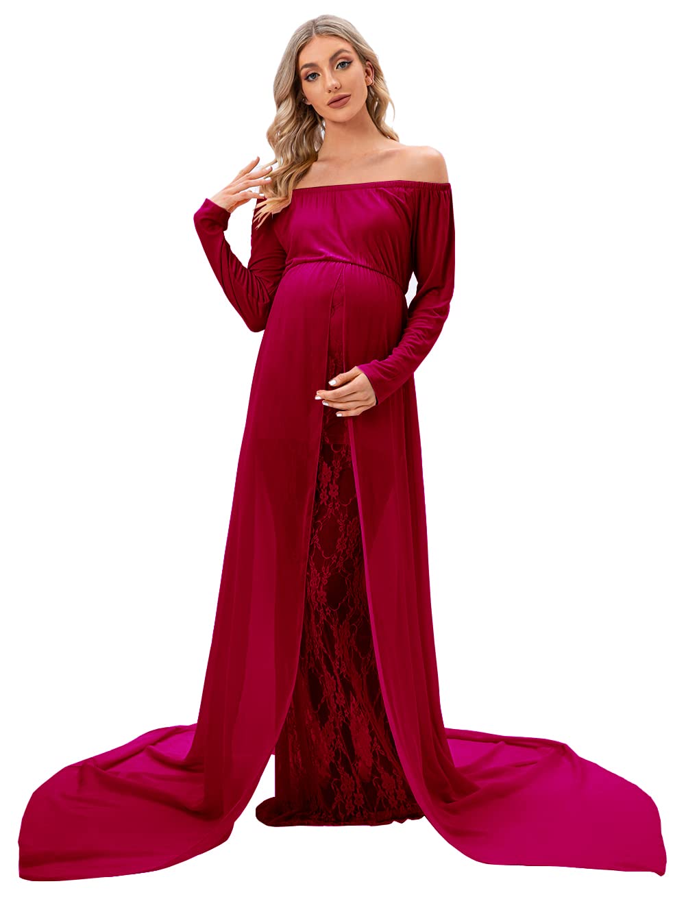 ZIUMUDY Women's Maternity Photoshoot Dress - Elegant Long Sleeve Off Shoulder Lace Gown with Flowy Chiffon Train Layer for Pregnancy Photo Shoots, Baby Showers & Special Occasions