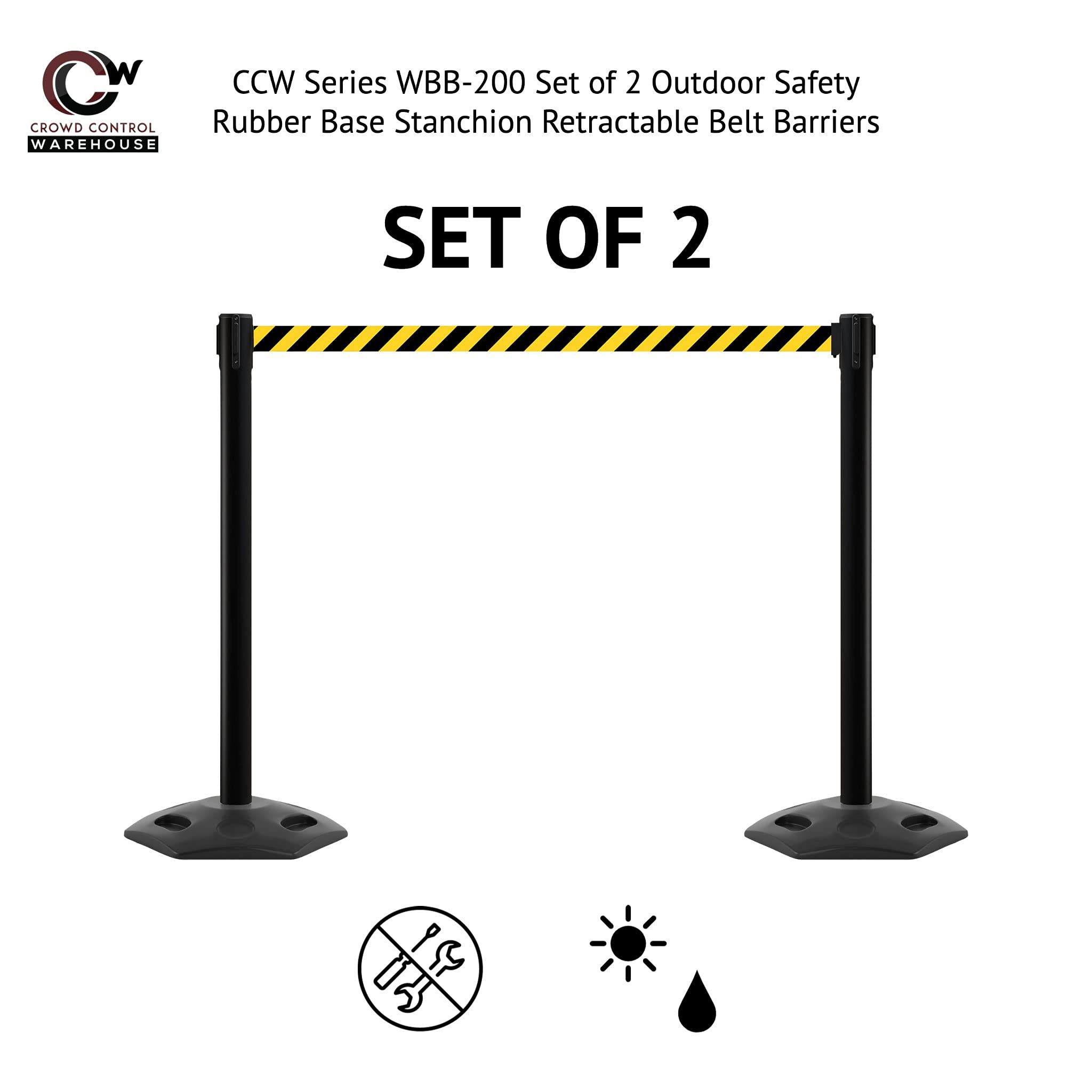 CCW Series WBB-200 Set of 2 Outdoor Safety Rubber Base Stanchion Retractable Belt Barriers - Easy to Assemble, No Tools Required (11 Foot Belt, Yellow) - Perfect for Crowd Control, Event Queue Management & Social Distancing in Stores, Banks and Public Spaces