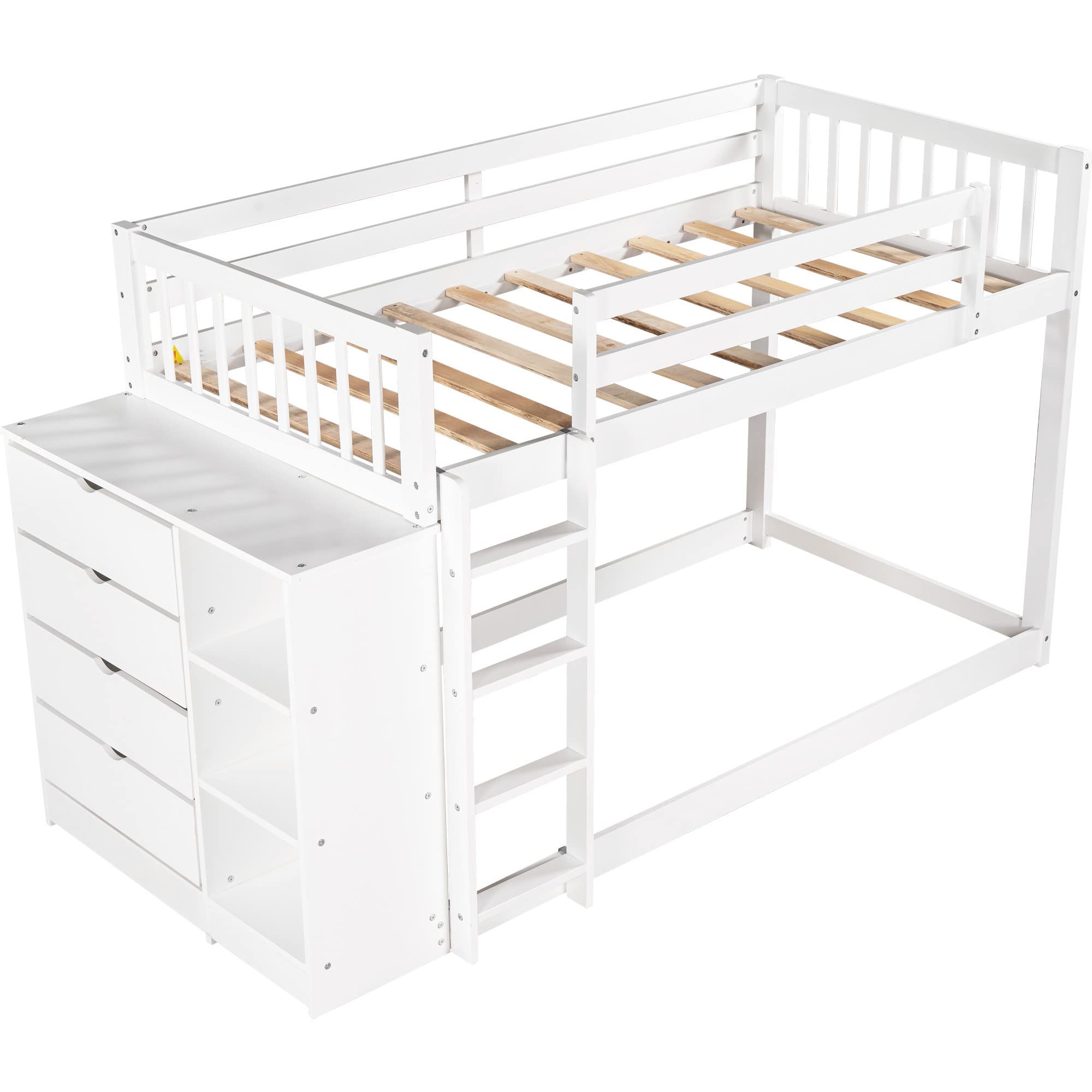 Twin Over Twin Solid Wood Bunk Bed with Storage Cabinet & Shelves - Low Loft Bed Frame with Ladder & Guardrails for Kids, Teens & Adults - Multi-Functional Space Saving Design (White) - Perfect for Small Bedrooms, Dorm Rooms & Guest Rooms