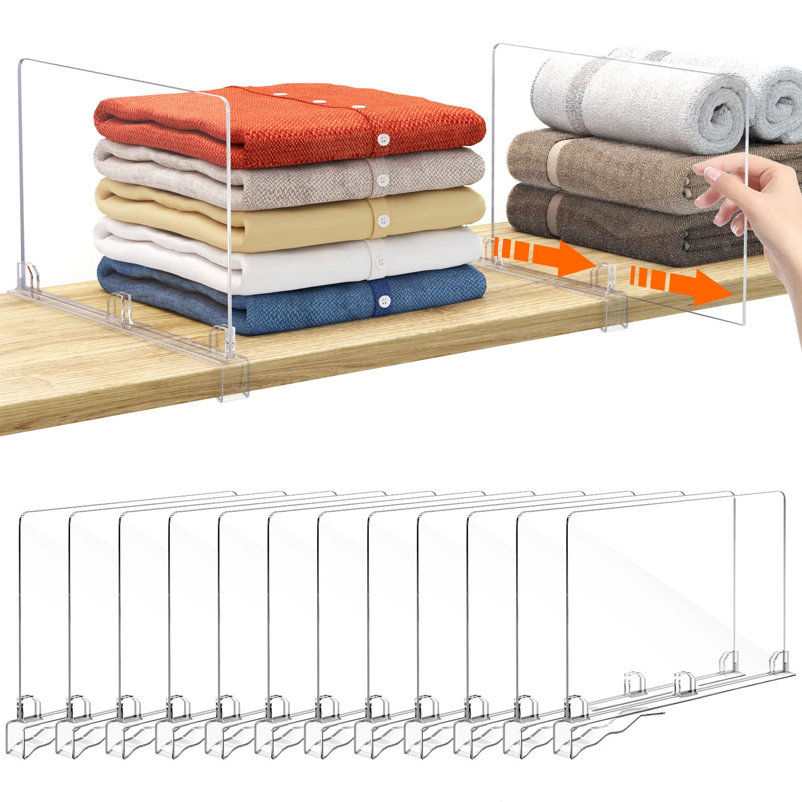 Fixwal 12-Pack Clear Acrylic Shelf Dividers - Adjustable Closet Organizers for Wardrobe, Kitchen, Office & Bathroom Storage - Perfect for Drawers, Cabinets & Shelves Organization (Home & Office Use)