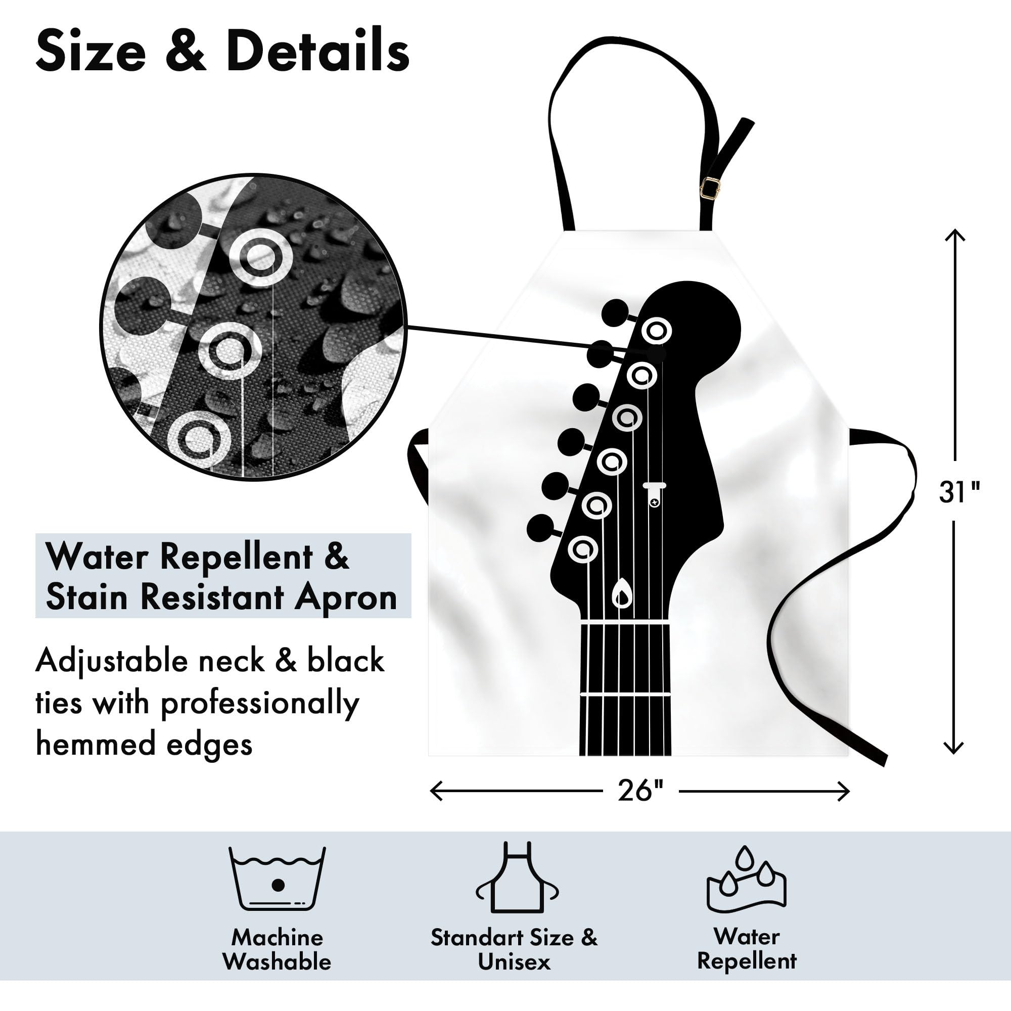 Ambesonne Guitar Apron - Adjustable Unisex Kitchen Bib for Cooking & Gardening, Monochrome Half Guitar Design with Strings, Adult Size Charcoal Grey & White - Perfect for Musicians, Chefs & BBQ Enthusiasts