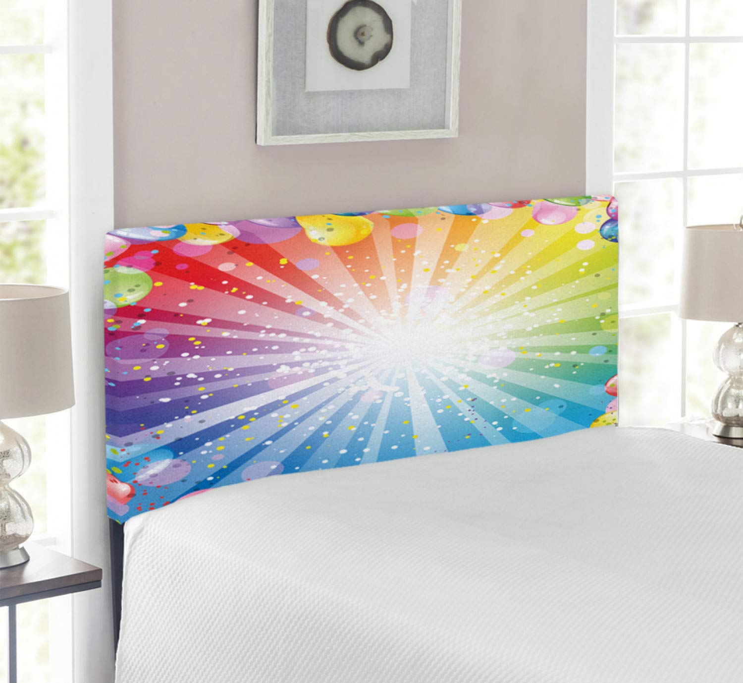 Ambesonne Upholstered Twin Size Birthday Headboard - Striped Balloon Dots Pattern, Decorative Metal Bed Frame with Memory Foam | Perfect for Kids' Bedrooms, Birthday Party Decor & Nursery Room Makeover