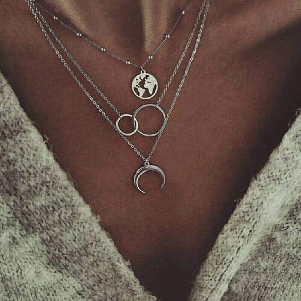 Twinklede Boho Layered Necklace - Silver Moon Pendant & Evil Eye Bull Head Chain Jewelry for Women & Girls | Perfect for Festival, Beach & Everyday Boho Fashion