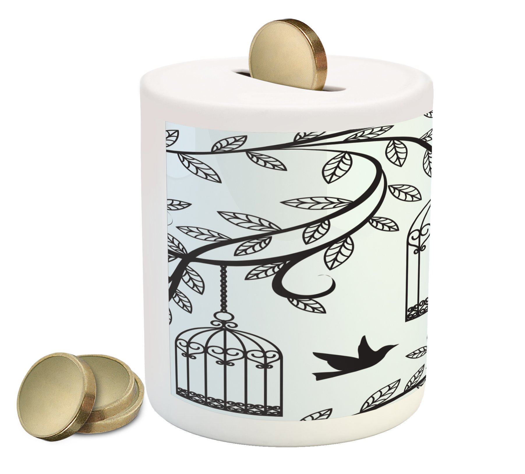 Ambesonne Ceramic Piggy Bank with Ornate Bird Cage & Floral Print - Modern Money Box for Cash Savings (Blue & Black) | Perfect for Kids' Allowance, Gift Giving & Home Decor