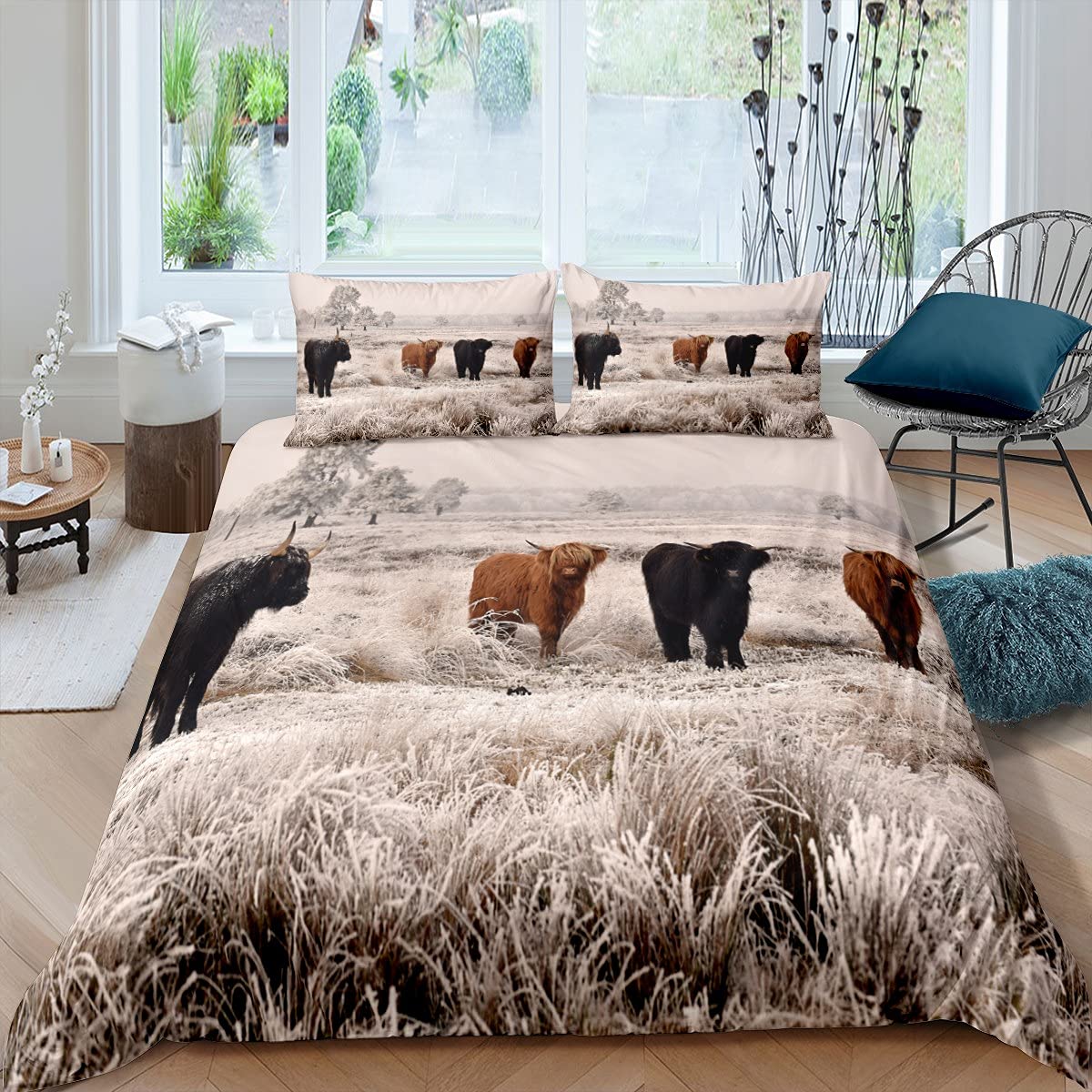Highland Cattle Duvet Cover Set - Cow Print Comforter Cover for Kids & Teens - Western Animal Theme Bedding - Twin Size 2-Piece Set - Cozy Winter Wildlife Decor for Boys & Girls Bedrooms