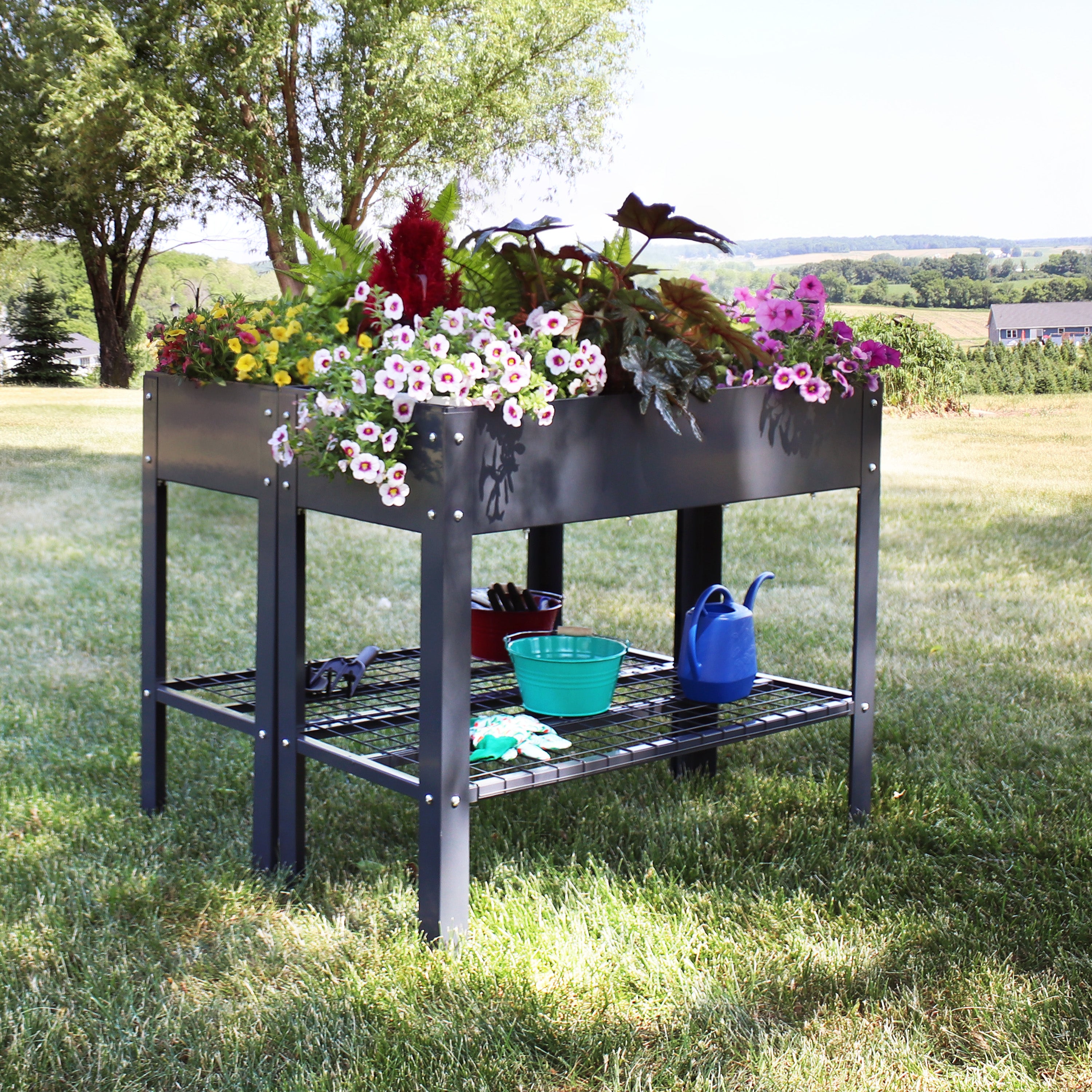 Galvanized Steel Raised Garden Bed with Mesh Shelf - Set of 2 | Durable Outdoor Planter Box for Vegetables, Flowers & Herbs | Perfect for Backyard, Patio & Urban Gardening