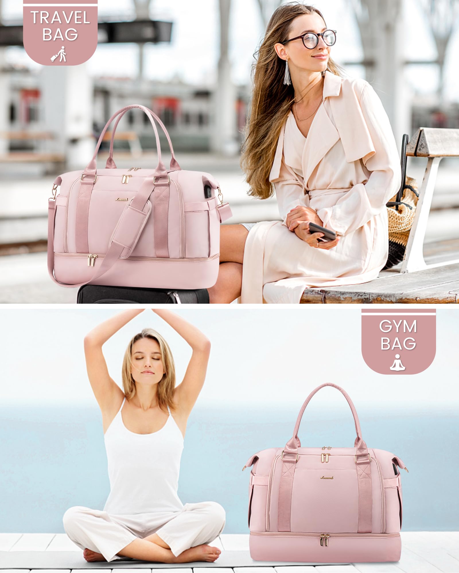 LOVEVOOK Women's Gym Bag with USB Charging Port & Shoe Compartment - Waterproof Travel Duffel, Weekender Overnight Bag, Hospital Delivery Bag - Perfect for Workouts, Travel, Maternity & Weekend Getaways